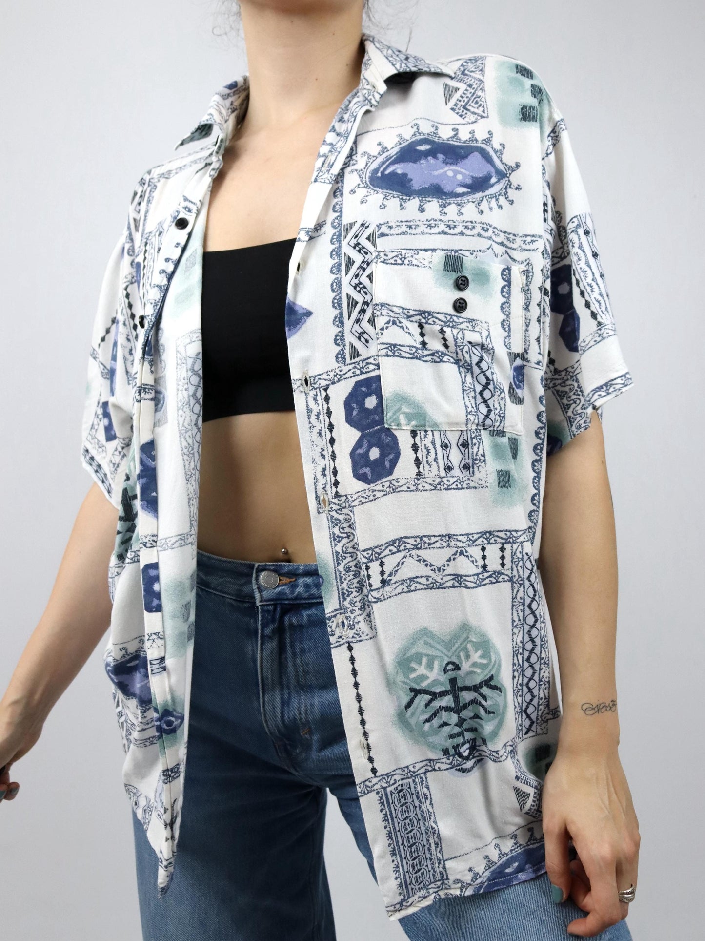 Vintage 80s 90s KLEMON MODE shirt short sleeve crazy pattern blue white 40 M
