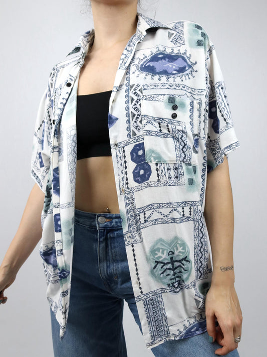 Vintage 80er 90er KLEMON MODE Hemd kurzarm crazy pattern blau weiß 40 M