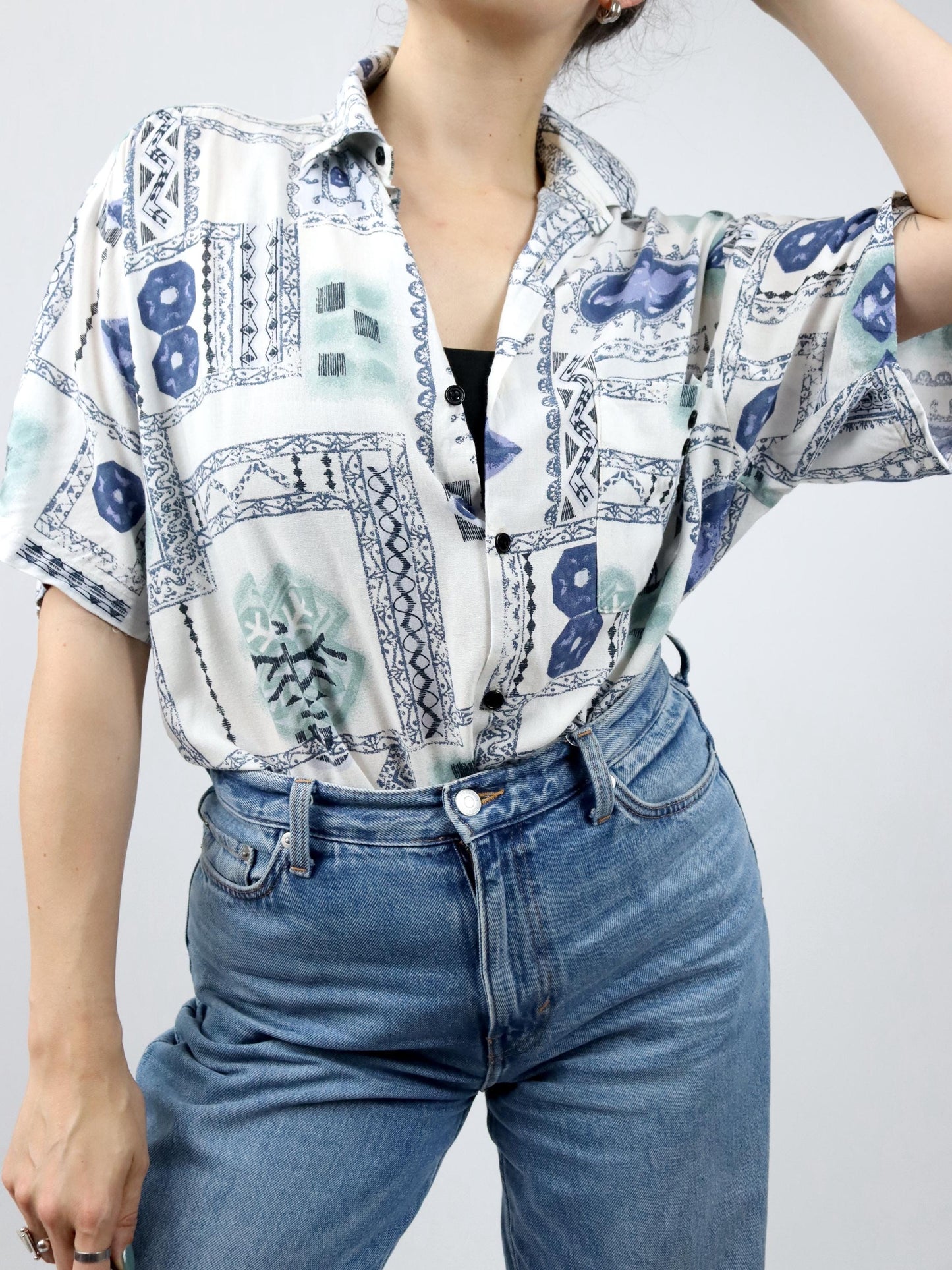 Vintage 80s 90s KLEMON MODE shirt short sleeve crazy pattern blue white 40 M