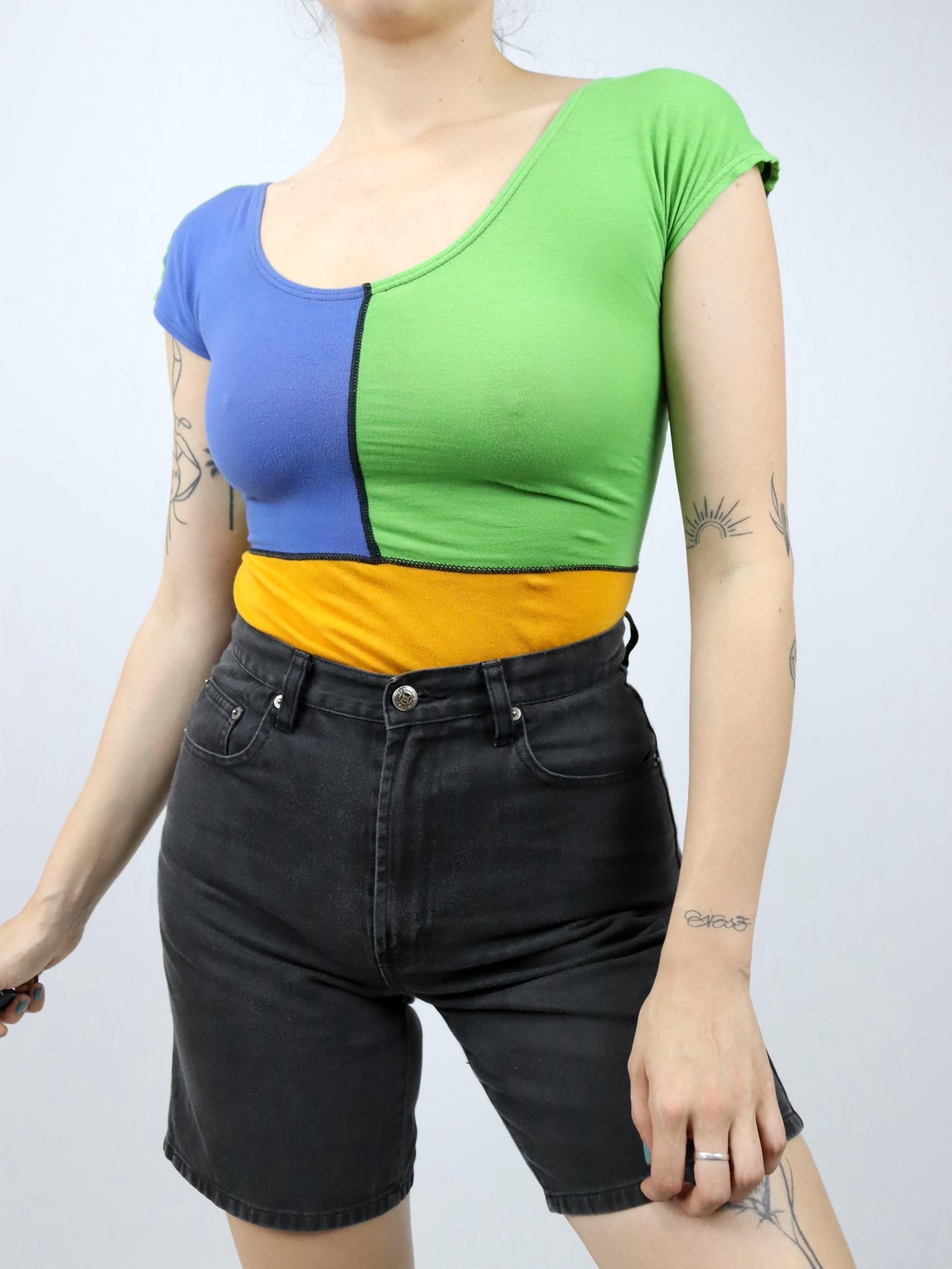 Vintage 80s 90s CAT bodysuit one-piece top orange blue green short sleeve S/M