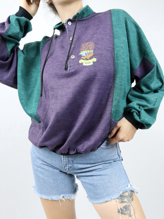 Vintage 80er 90er LODITEX Sweatshirt dünn Knopfreihe lila grün XL