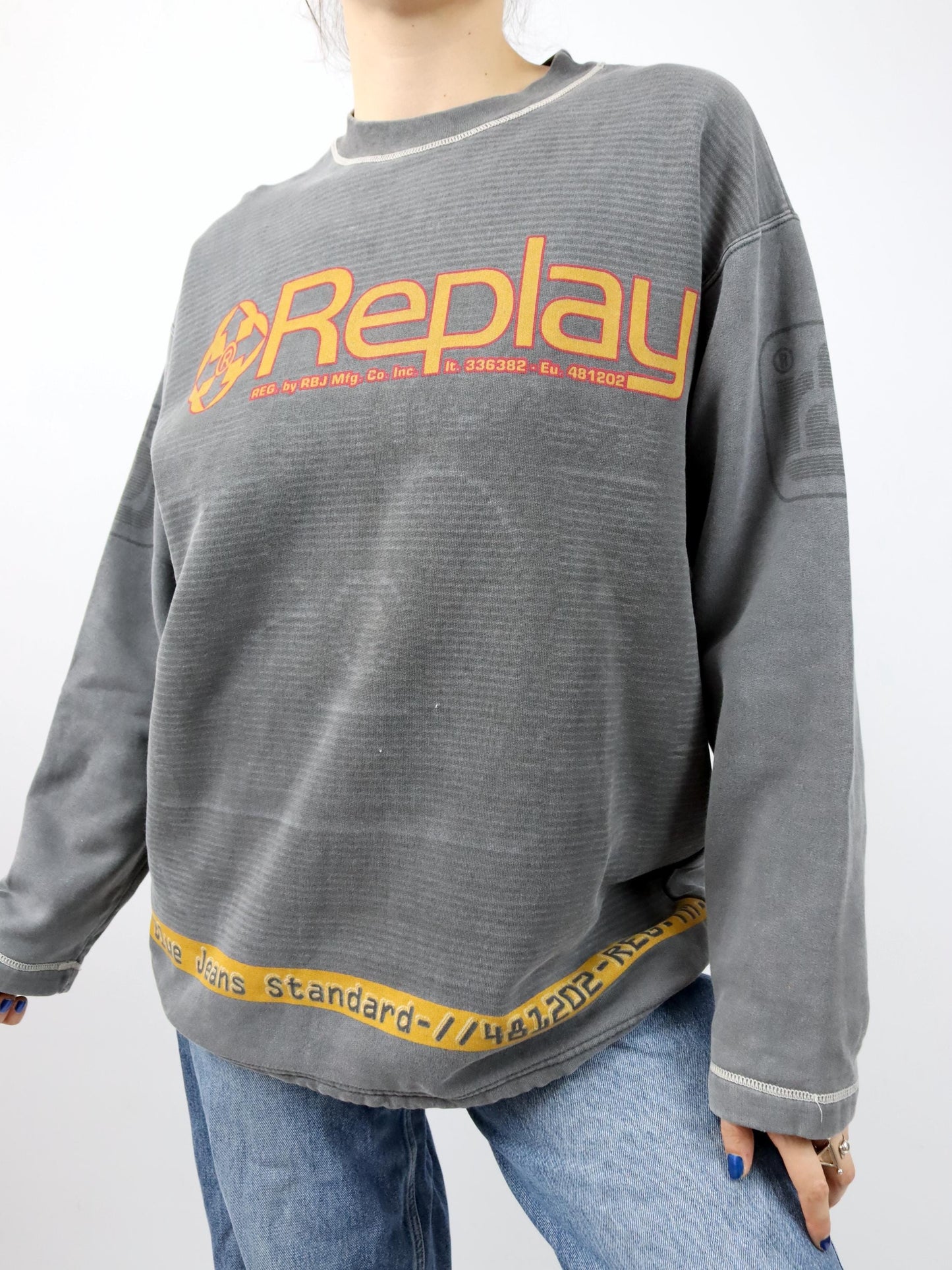 Vintage 80er 90er REPLAY Sweatshirt Pullover dunkelgrau gelb M