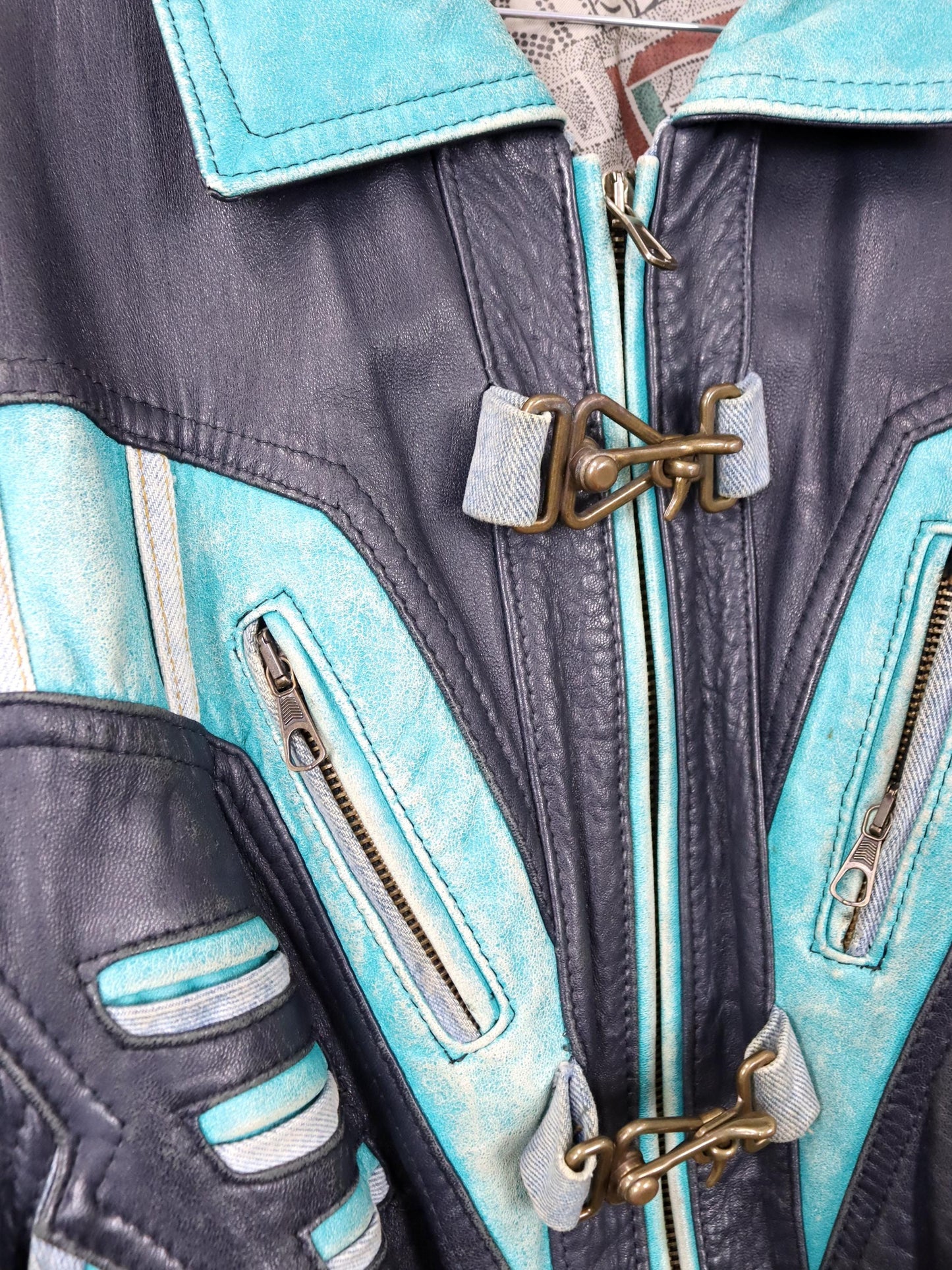 Vintage 80s 90s RARE leather jacket denim details bomber jacket black turquoise light blue M 48