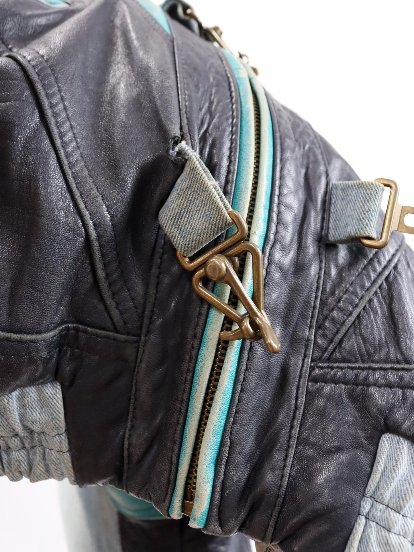 Vintage 80s 90s RARE leather jacket denim details bomber jacket black turquoise light blue M 48