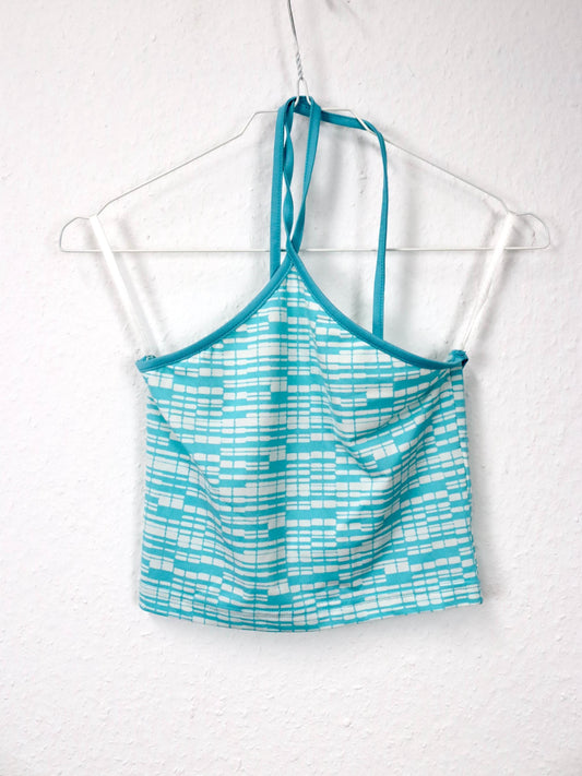 Vintage 80er 90er PEPE JEANS London Neckholder Top bauchfrei crazy pattern weiß blau S 36