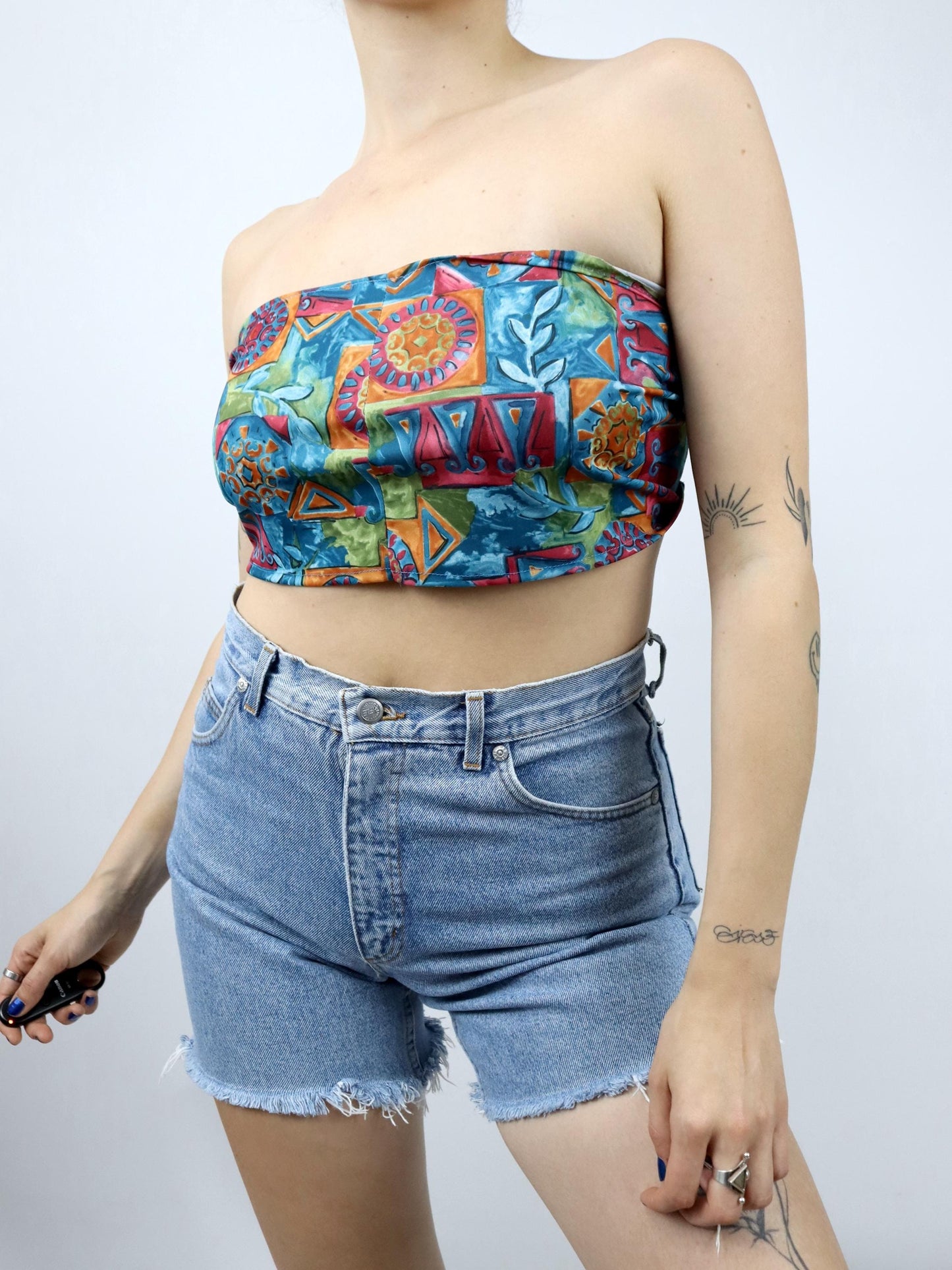 Vintage 80s 90s bandeau top shoulder-free crazy pattern colorful M