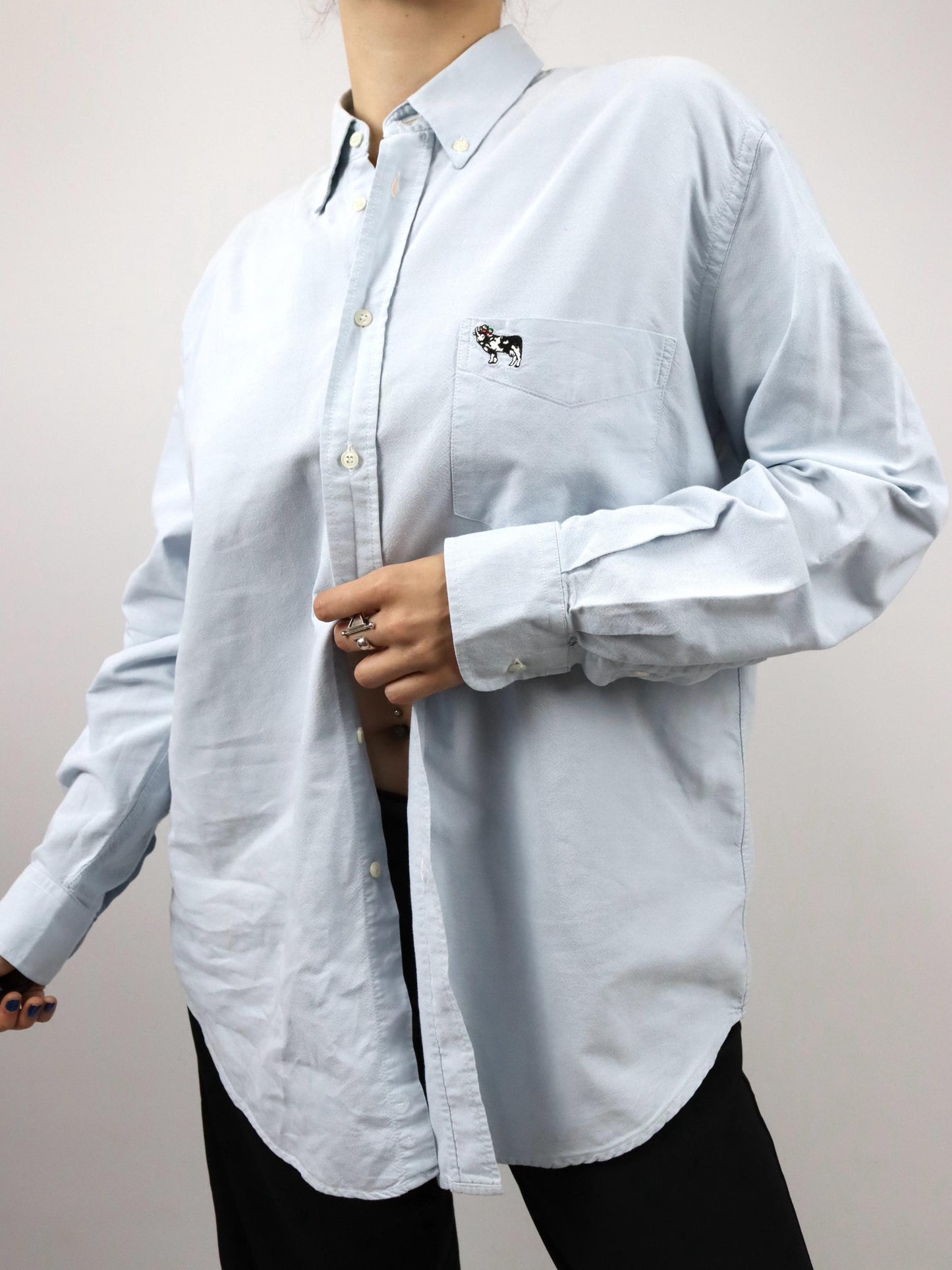 Vintage 80s 90s MOSCHINO designer shirt blouse light blue embroidery M