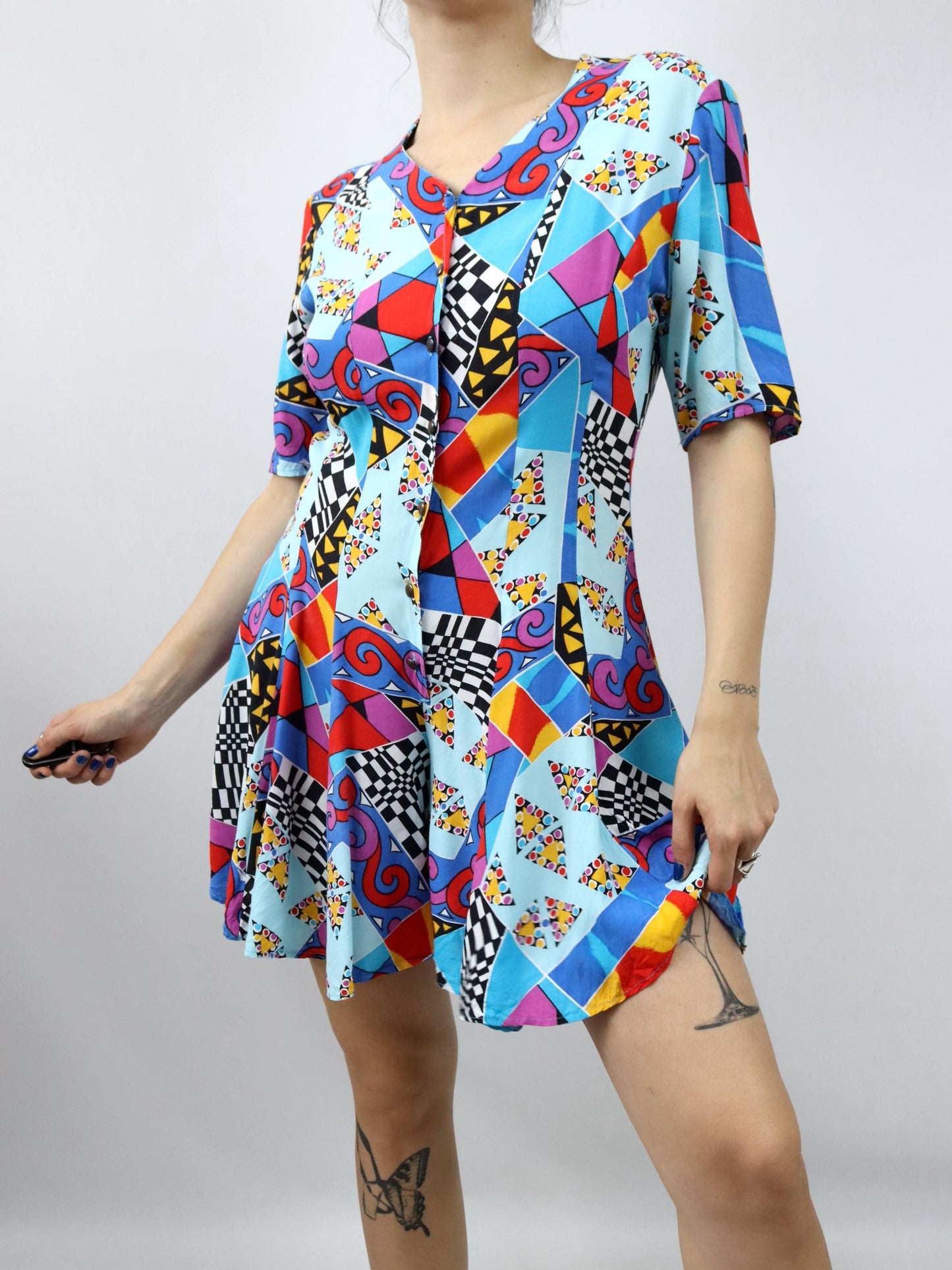 Vintage 80s 90s jumpsuit one-piece short sleeve crazy pattern colorful 40