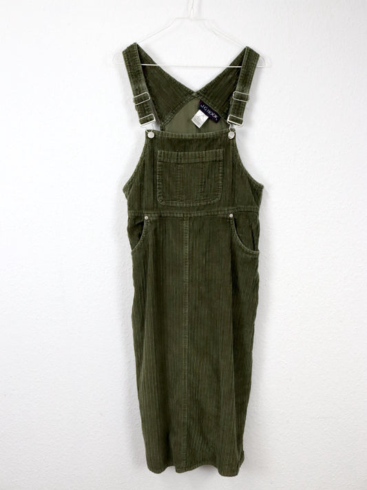 Vintage 80er 90er J.G. HOOK Maxikleid Latzkleid Cord grün M/L