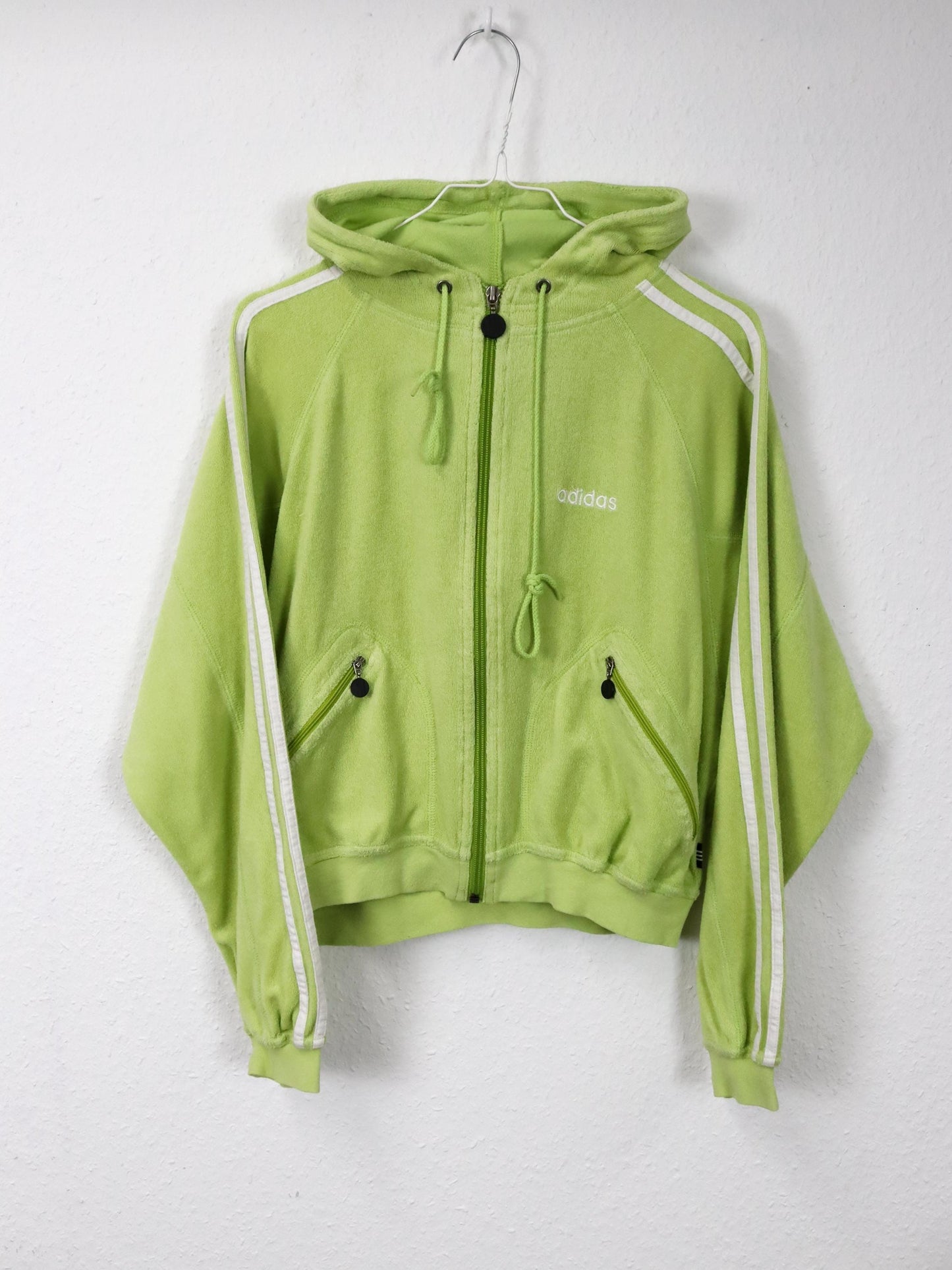 Vintage 80s 90s ADIDAS jacket crop light green terry cloth hood 38