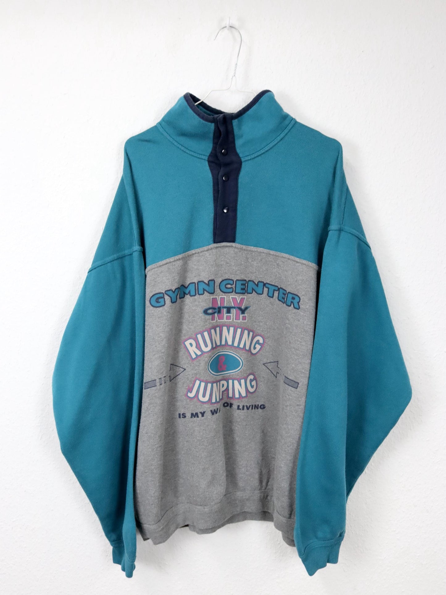 Vintage 80er 90er ROBY Sweatshirt Pullover Print Stehkragen blau grau XXL