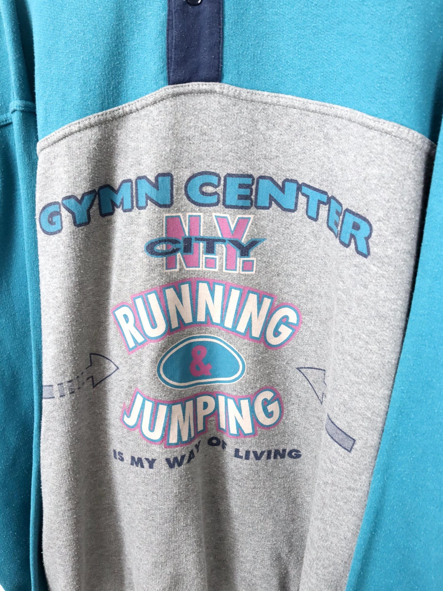 Vintage 80er 90er ROBY Sweatshirt Pullover Print Stehkragen blau grau XXL