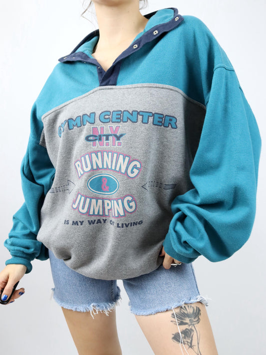 Vintage 80er 90er ROBY Sweatshirt Pullover Print Stehkragen blau grau XXL