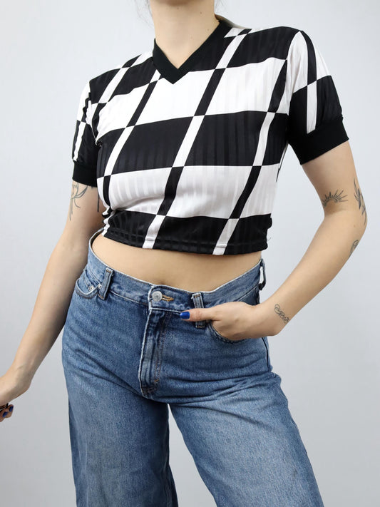 Vintage 80er 90er ONXY Trikot Top bauchfrei kurzarm schwarz weiß Backprint Deadstock S/M