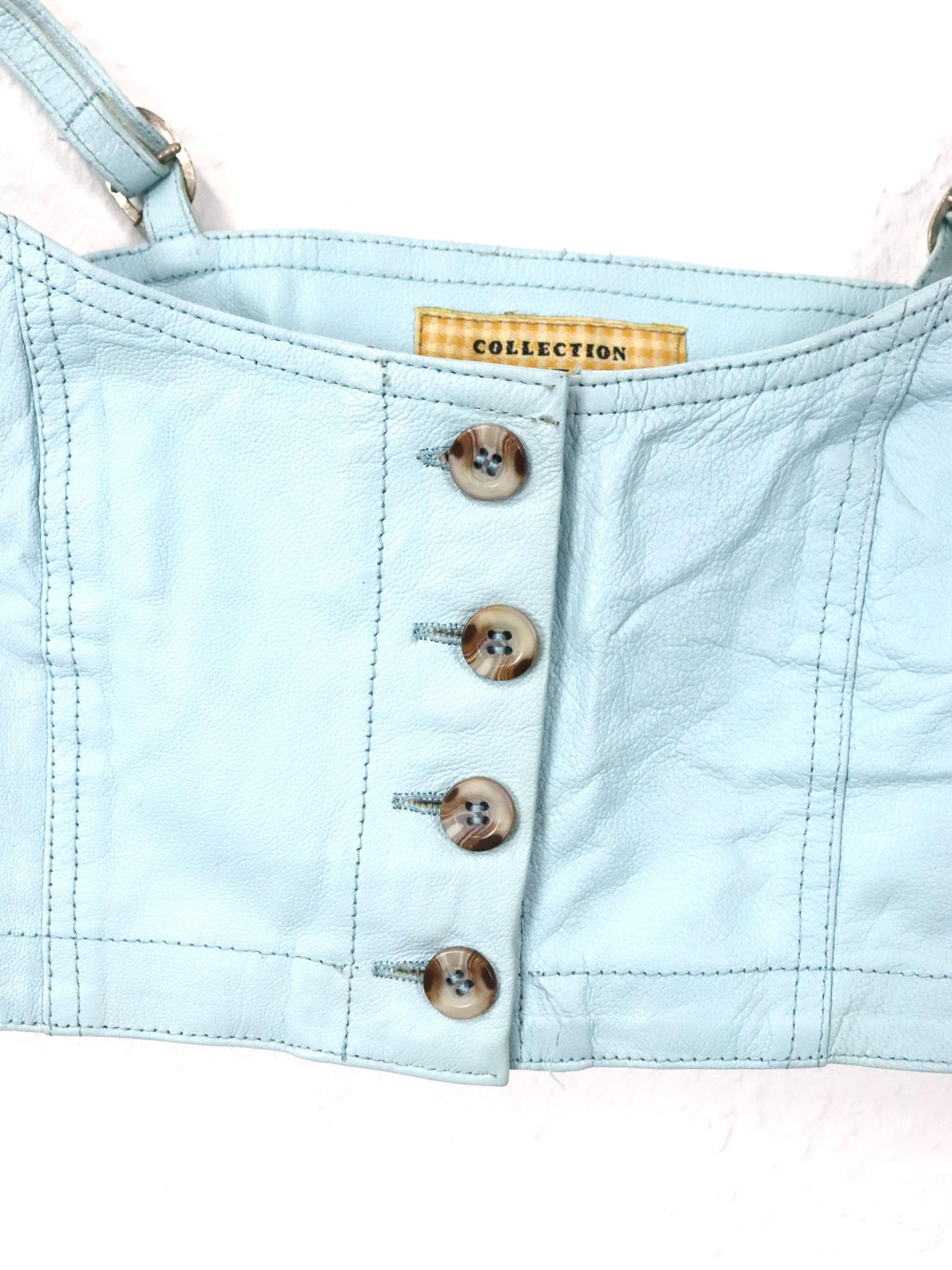 Vintage 80s 90s ONYX leather top bustier button row light blue deadstock 40
