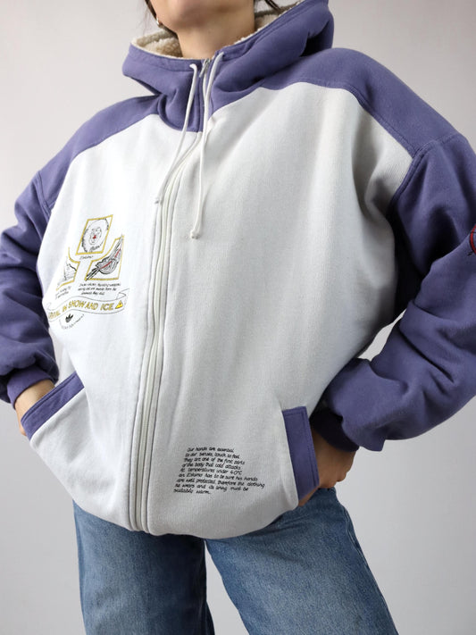 Vintage 80er 90er Rare ADIDAS TAKE OFF Equipment Jacke leicht gefüttert weiß lila Print D7 L