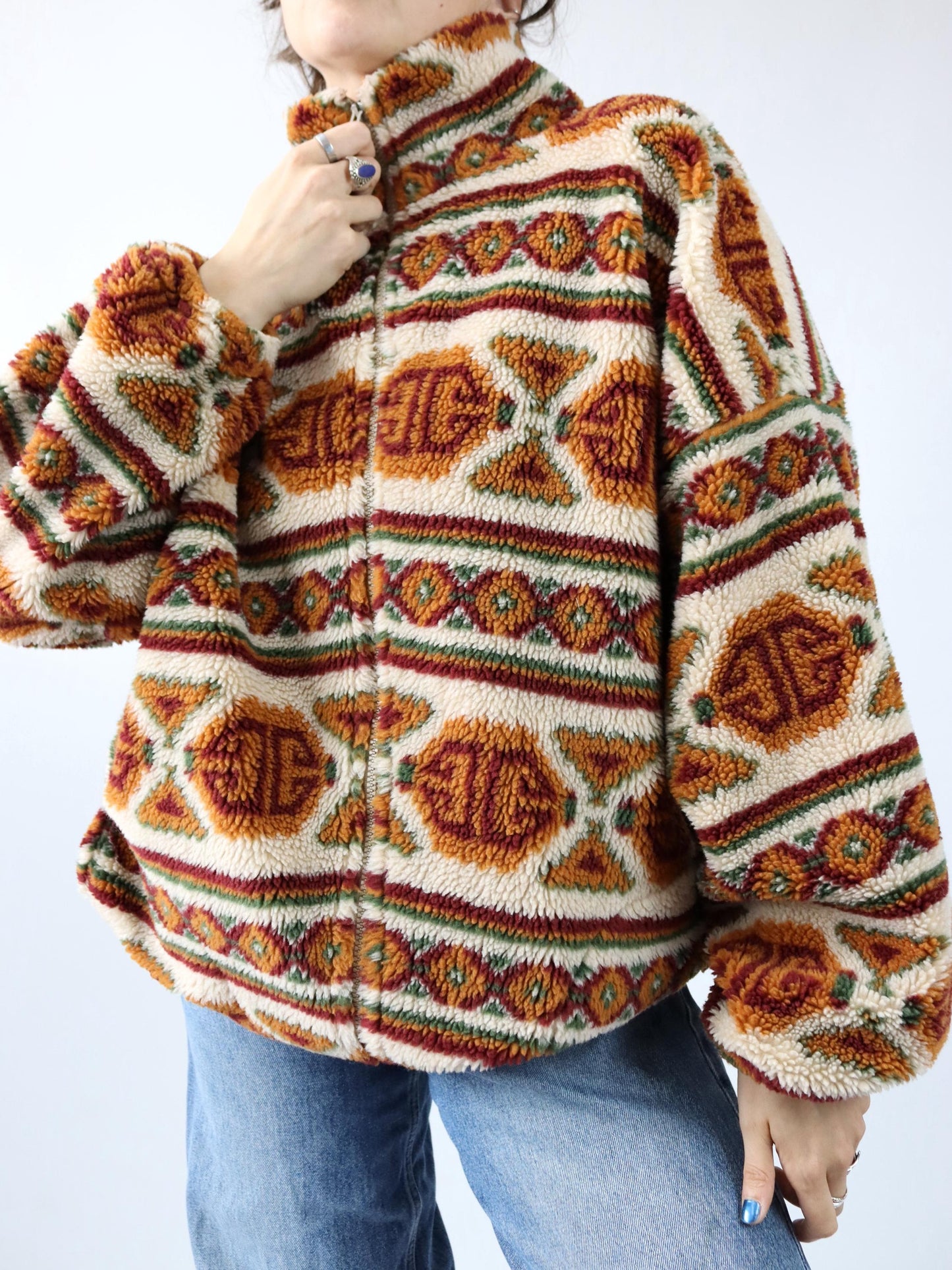 Vintage 80s 90s ARTFASHION fleece jacket teddy fleece stand-up collar Aztec pattern L