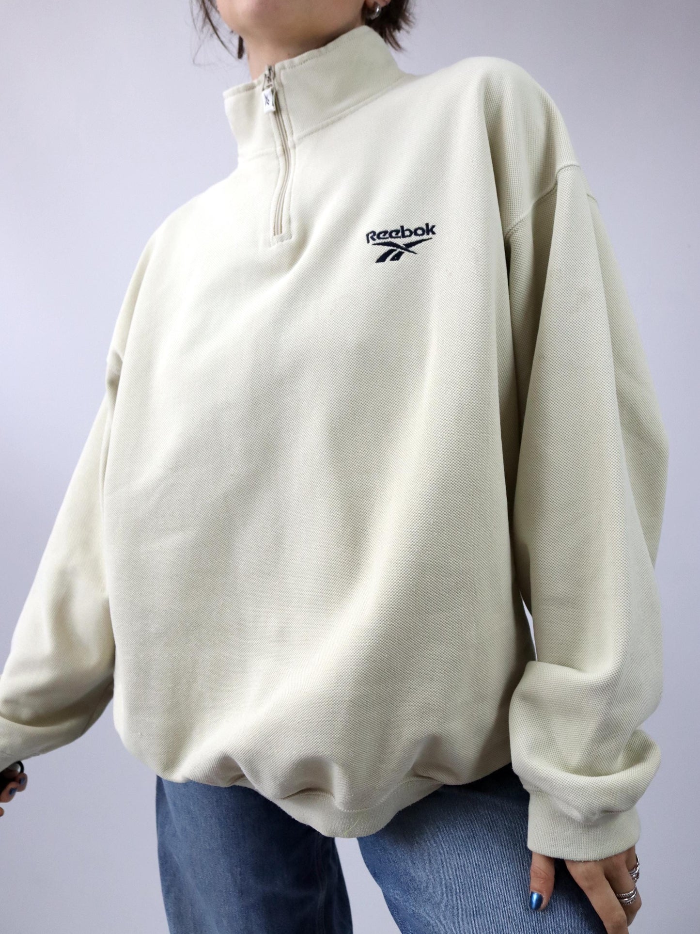 Vintage 80s 90s REEBOK sweatshirt pullover stand-up collar beige L