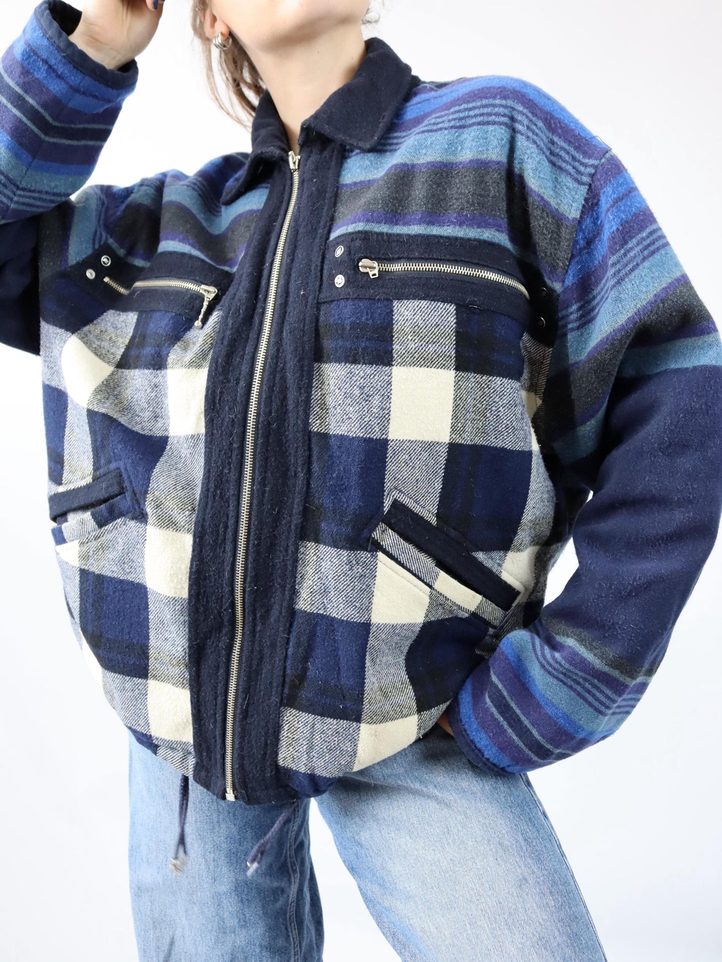 Vintage 80s 90s MOXIE Casuals wool jacket lined checked blue L