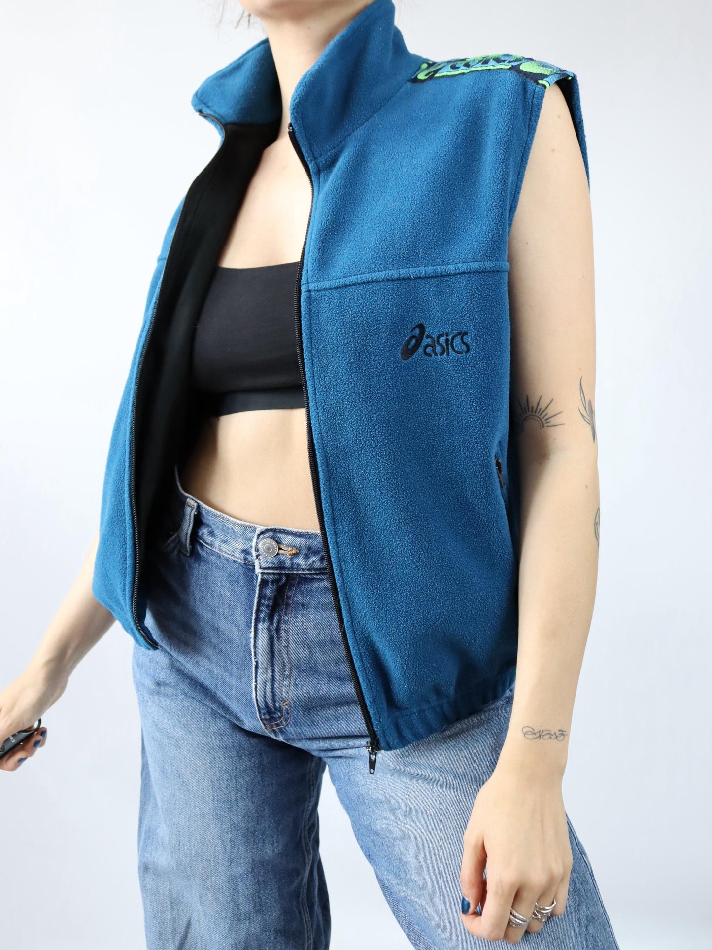 Vintage 80s 90s ASICS fleece vest blue vest zip stand-up collar S
