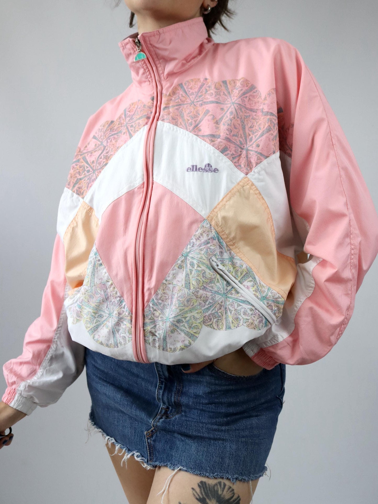 Vintage 80s 90s ELLESSE tracksuit jacket stand-up collar crazy pattern pastel pink 38
