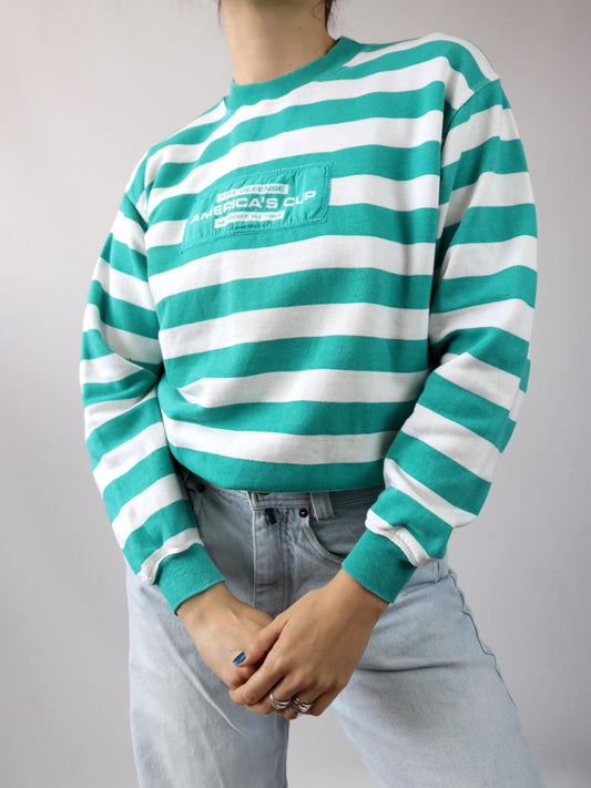 Vintage 80er 90er UNITED COTTON Sweatshirt Pullover gestreift weiß türkis S