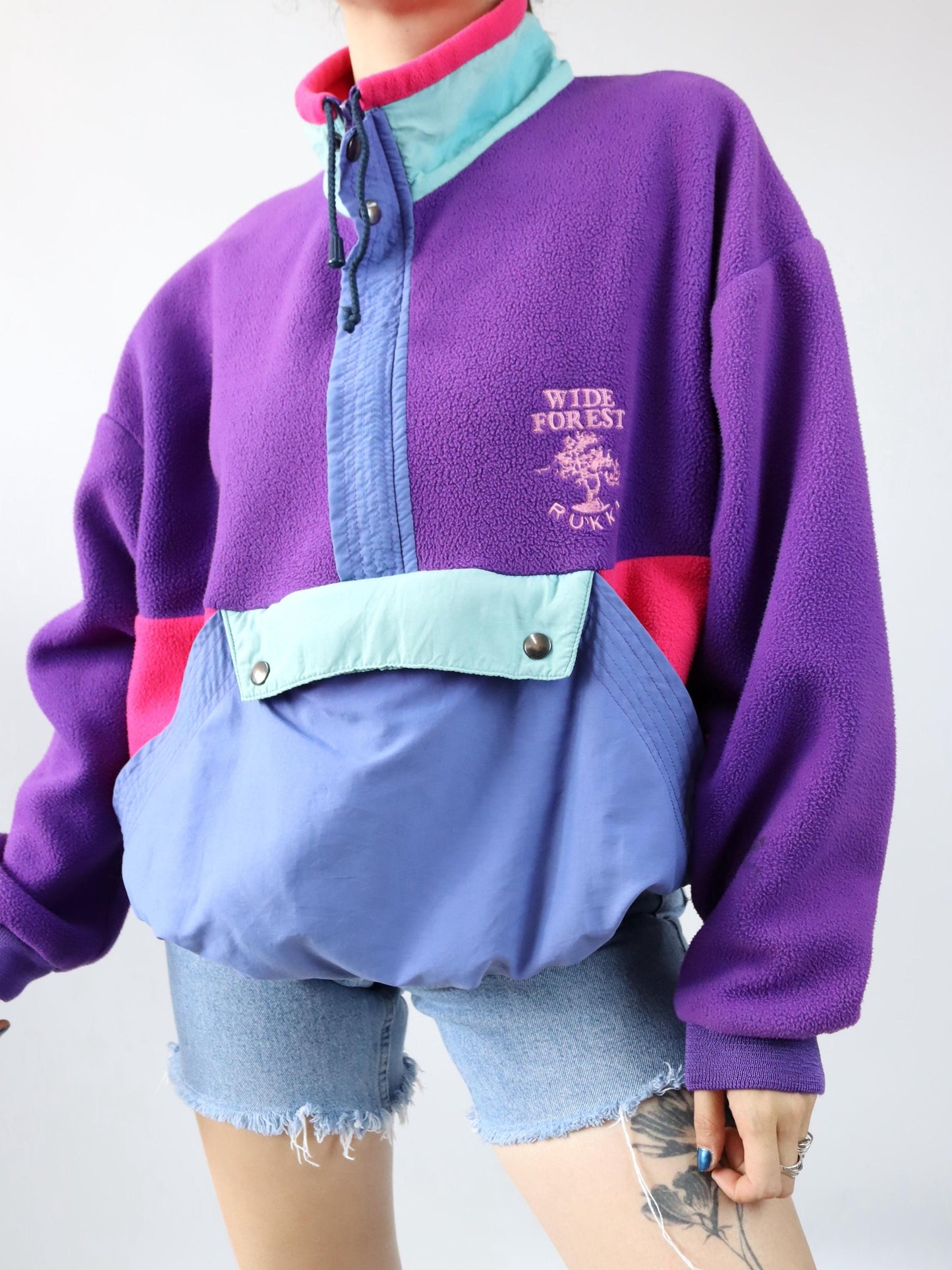 Vintage 80er 90er RUKKA Fleecepullover Pullover Stehkragen Lila pink blau XL