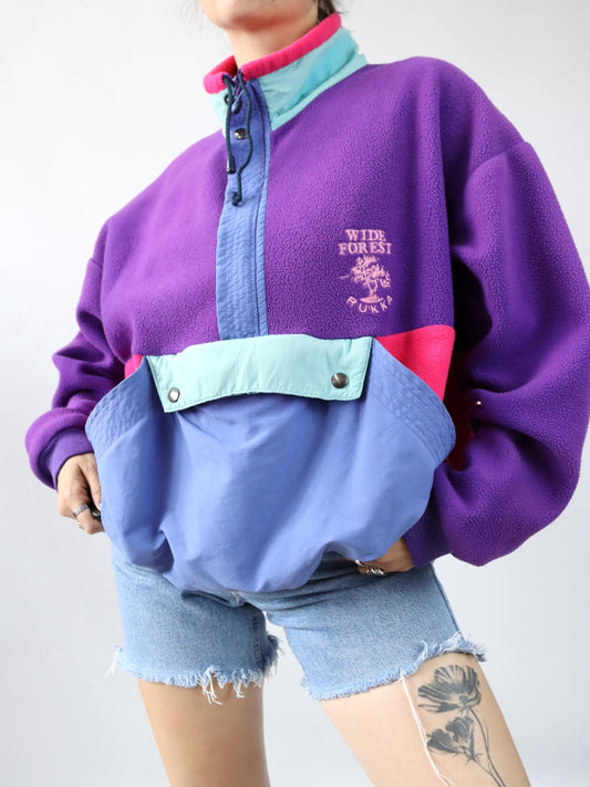 Vintage 80er 90er RUKKA Fleecepullover Pullover Stehkragen Lila pink blau XL