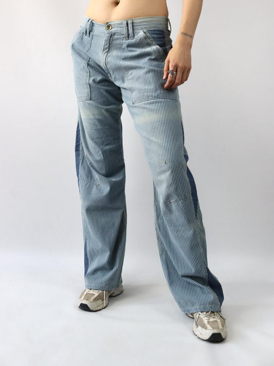 Vintage 90er 00er Y2k ENERGIE Baggy Pants Hose weites Bein gestreift Deadstock W33