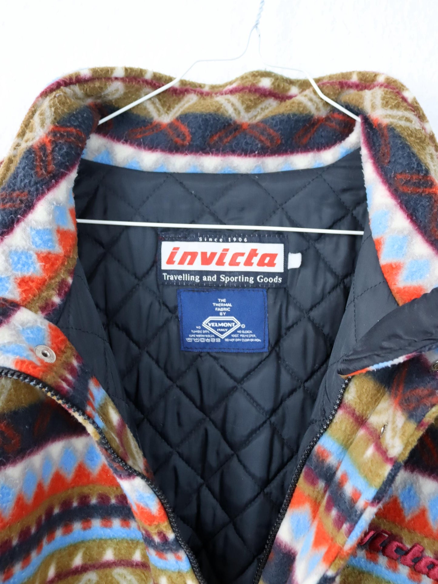 Vintage 80s 90s INVICTA fleece jacket lightly lined crazy pattern colorful stand-up collar XL