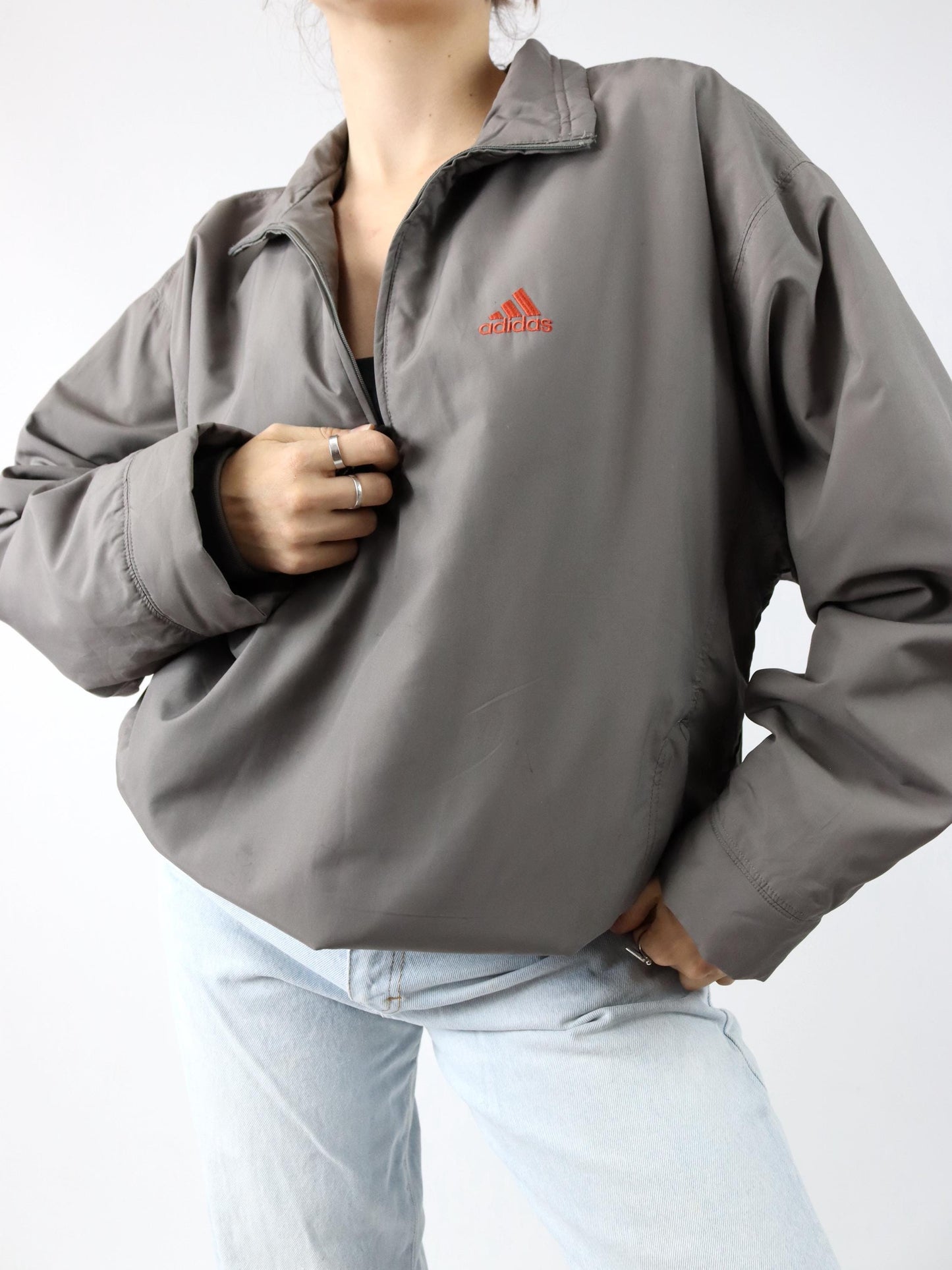 Vintage 80s 90s ADIDAS windbreaker jacket stand-up collar grey orange D6 M/L