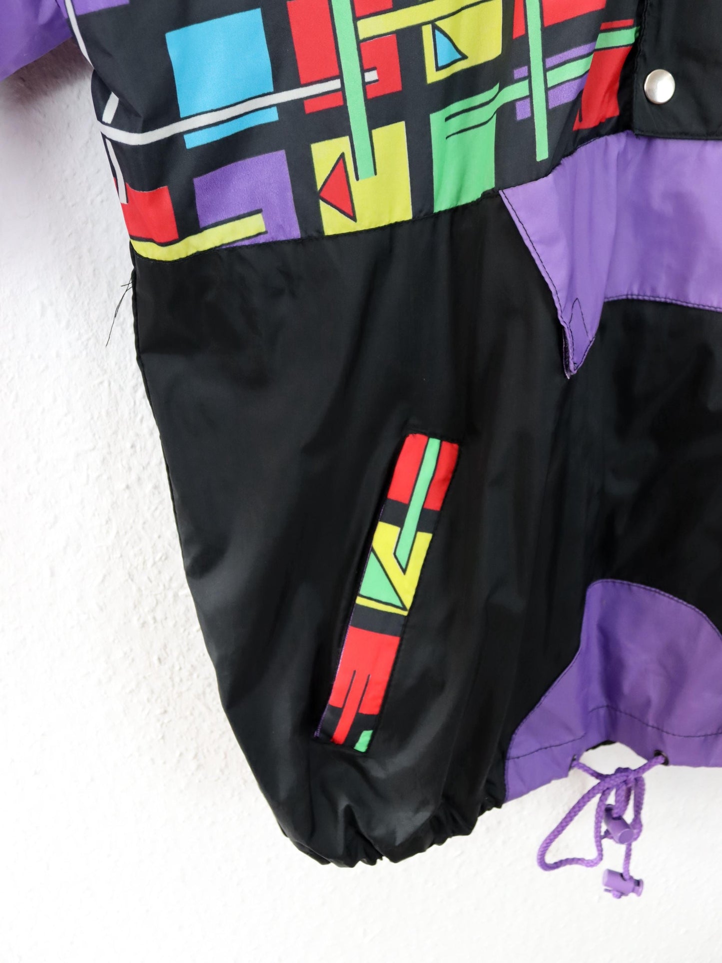 Vintage 80s 90s rain jacket windbreaker crazy pattern black colorful M