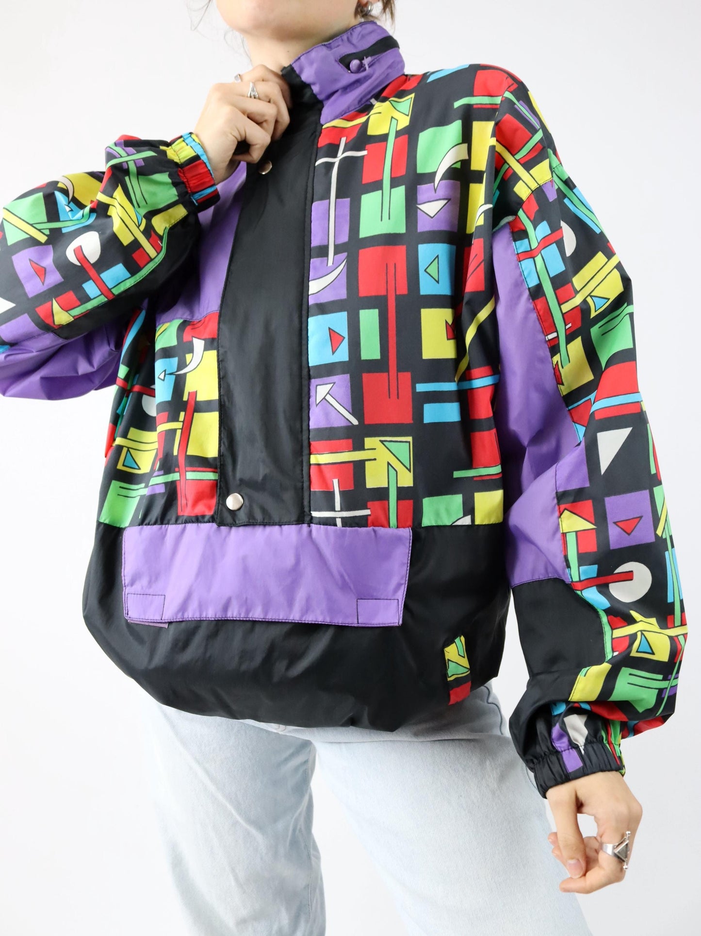 Vintage 80s 90s rain jacket windbreaker crazy pattern black colorful M