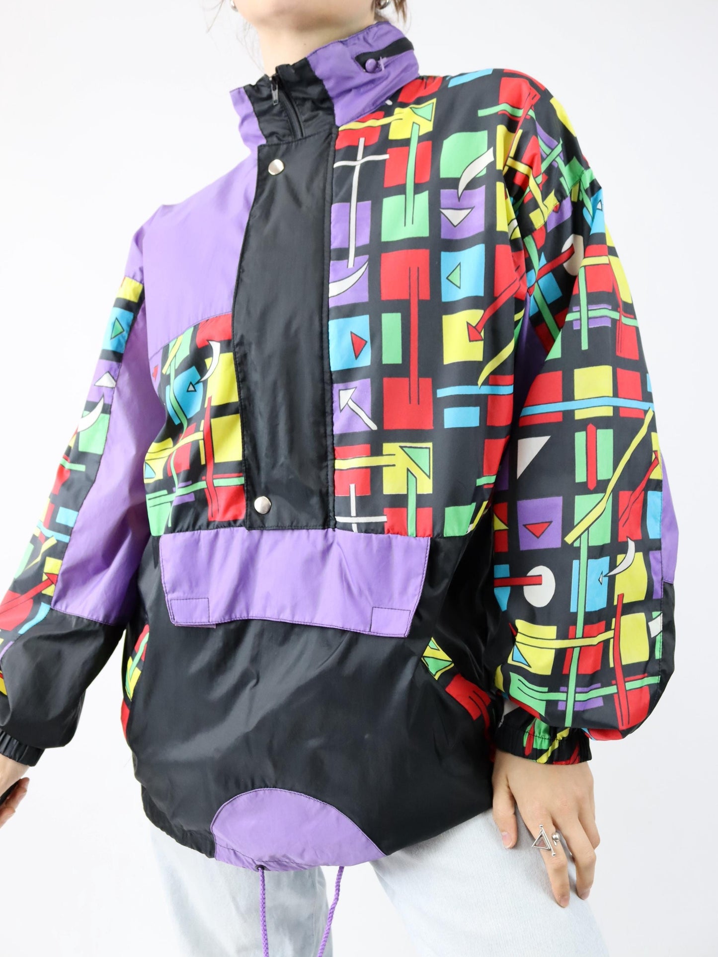Vintage 80s 90s rain jacket windbreaker crazy pattern black colorful M