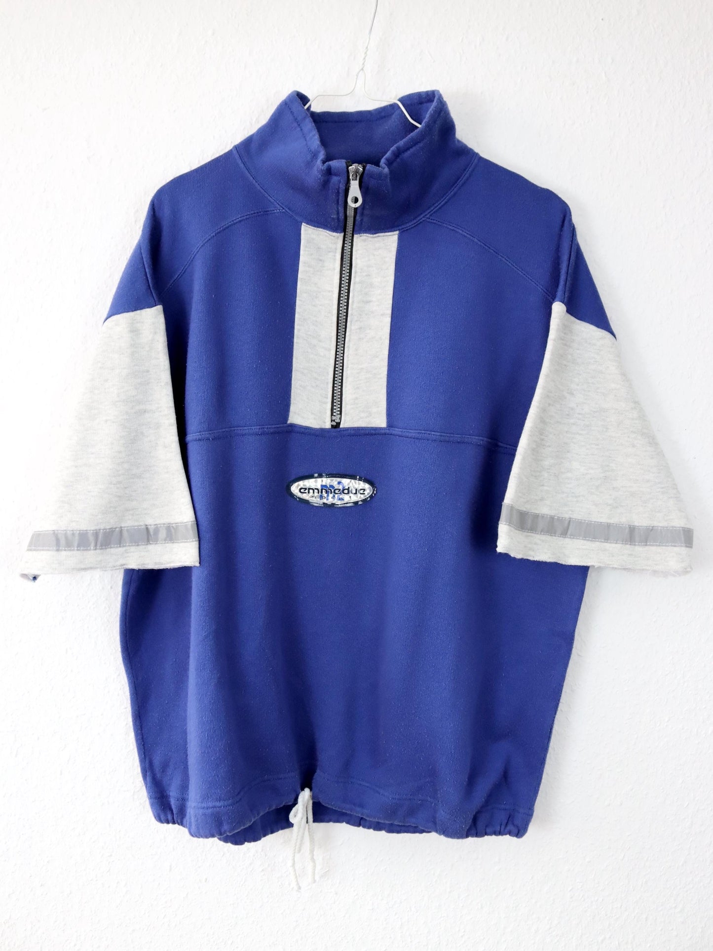 Vintage 80er 90er EMMEDUE Sweatshirt kurzarm Stehkragen grau blau L