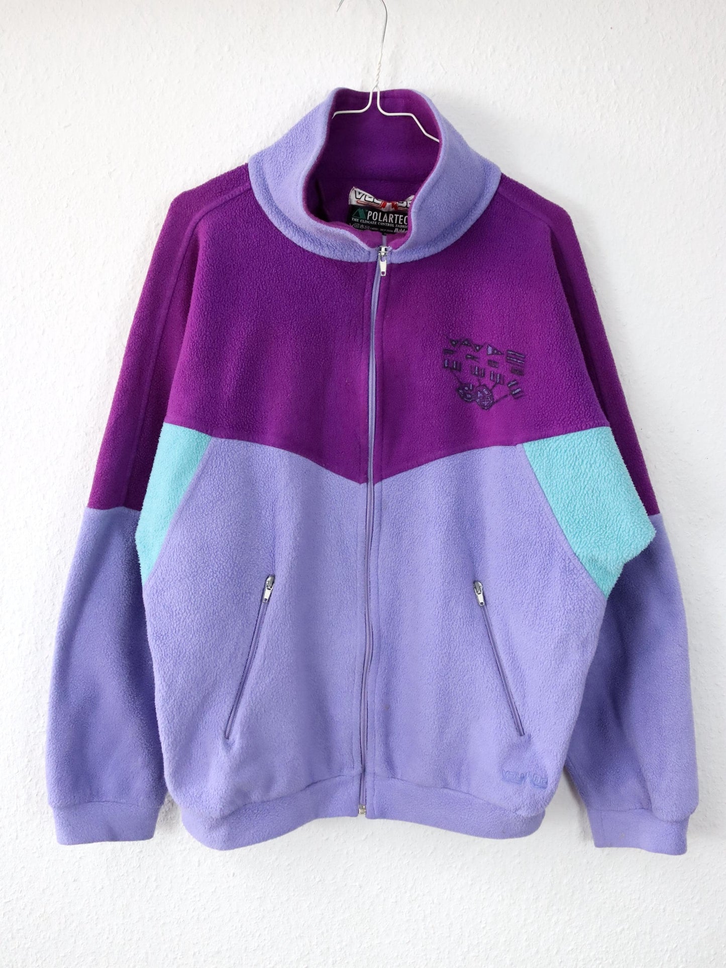 Vintage 80s 90s VAUDE Polartec fleece jacket stand-up collar purple turquoise M