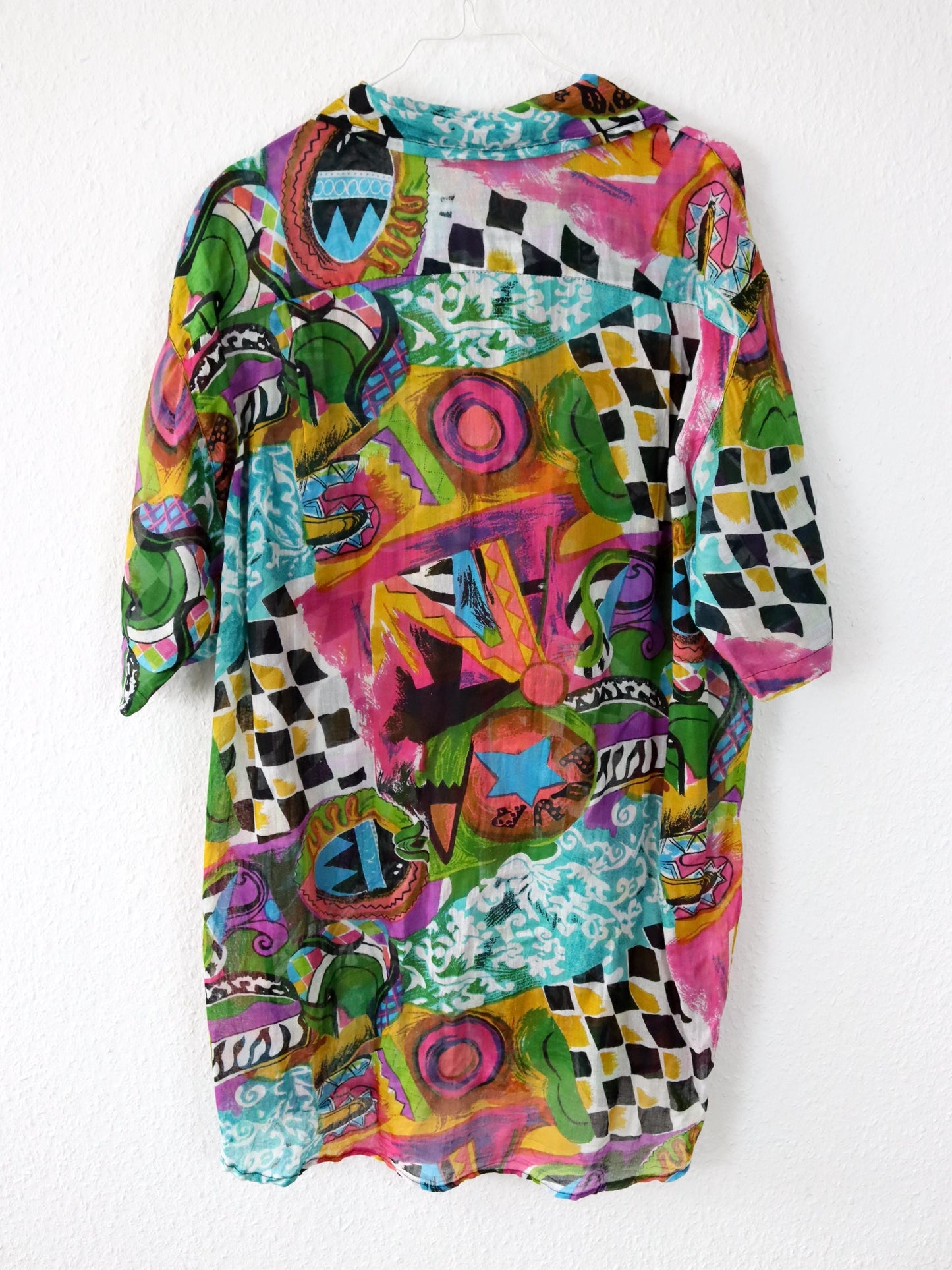 Vintage 80s 90s TONYS FASHION blouse short sleeve crazy pattern colorful L