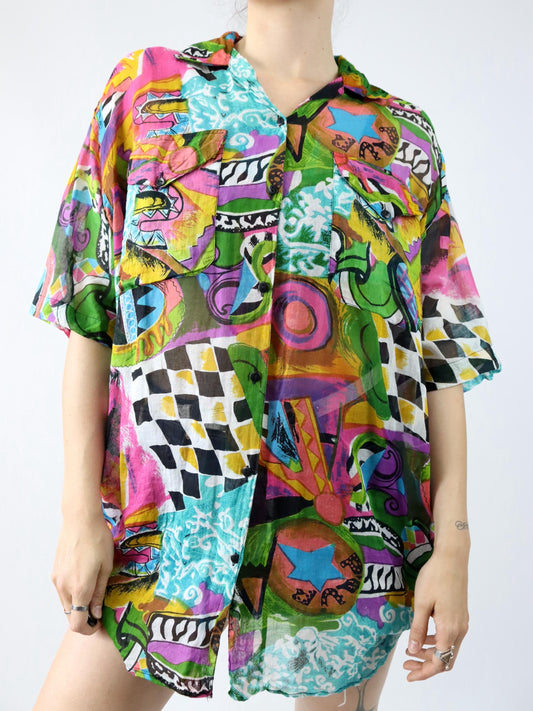 Vintage 80er 90er TONYS FASHION Bluse kurzarm crazy pattern bunt L