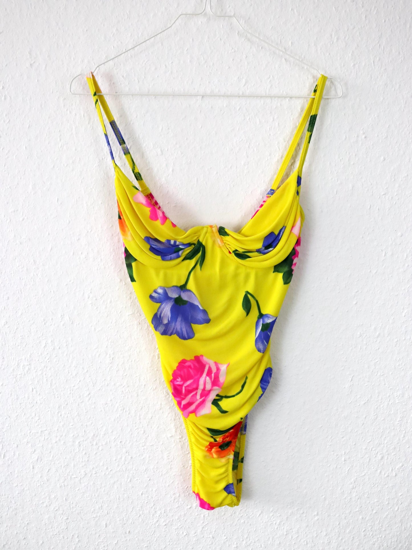 Vintage 80er 90er Body Einteiler Bustier Blumenmuster gelb bunt 38