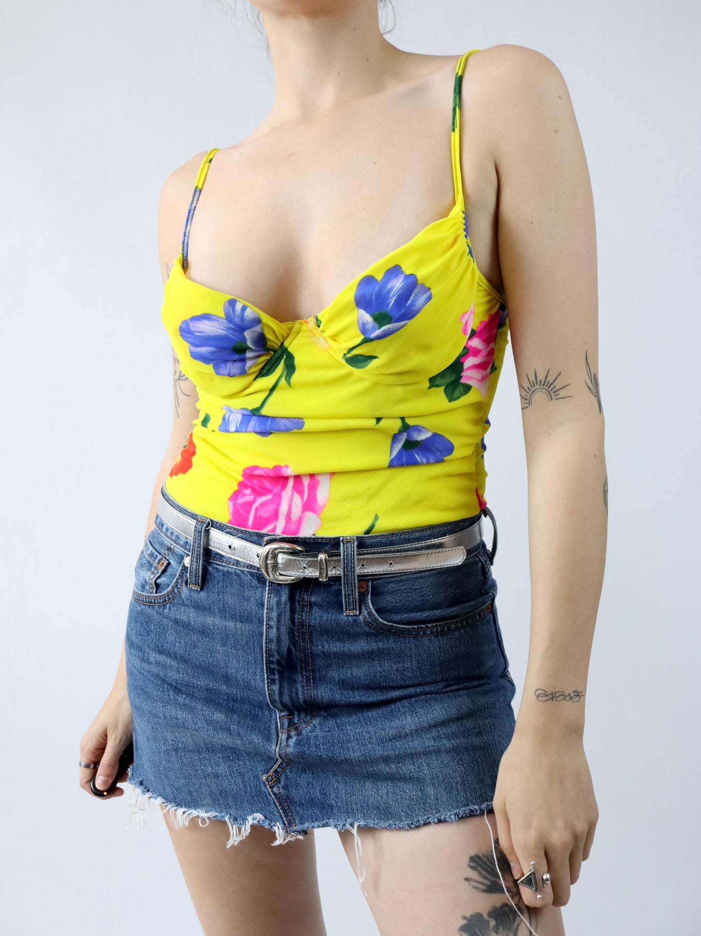 Vintage 80er 90er Body Einteiler Bustier Blumenmuster gelb bunt 38