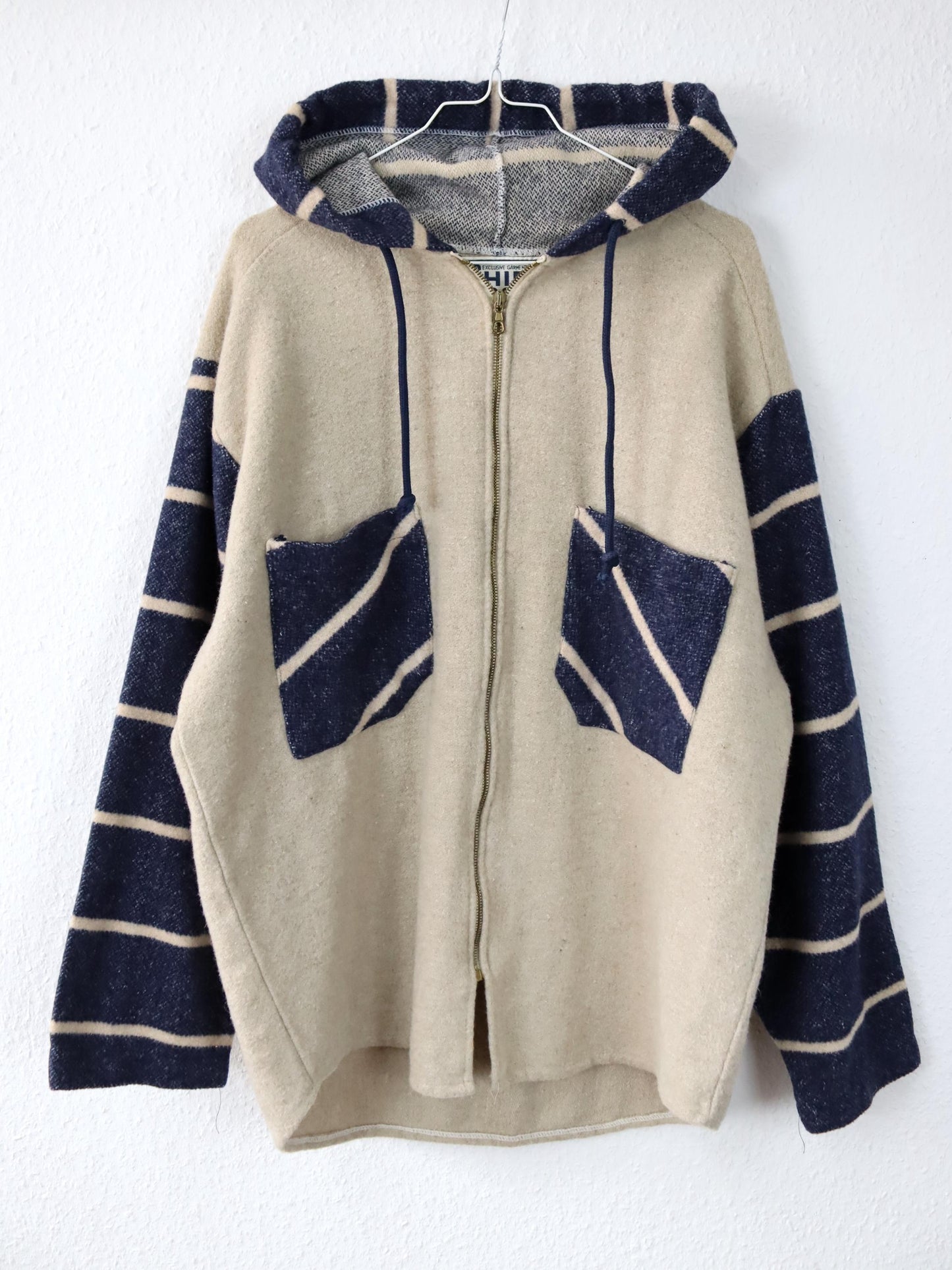 Vintage 80s 90s SHIRT MOCOA wool jacket with hood beige blue wool M