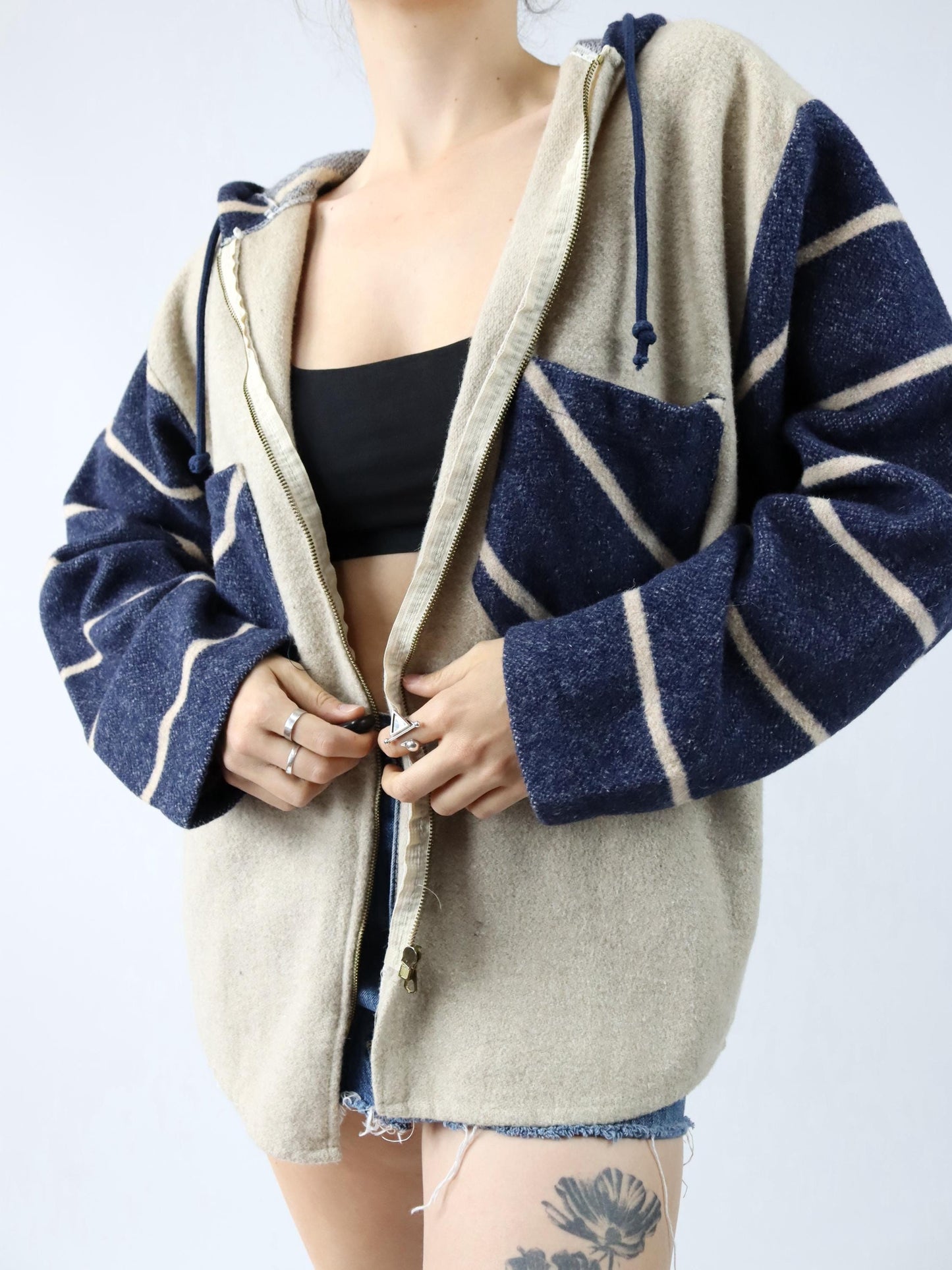 Vintage 80s 90s SHIRT MOCOA wool jacket with hood beige blue wool M