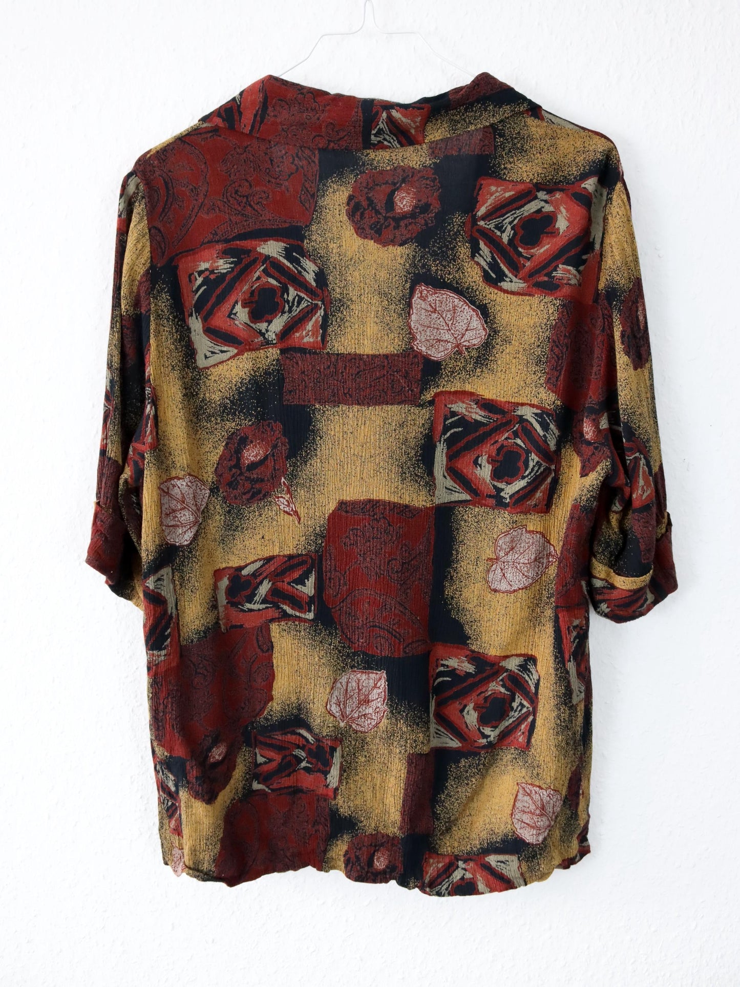 Vintage 80s 90s blouse short sleeve crazy pattern dark red beige M