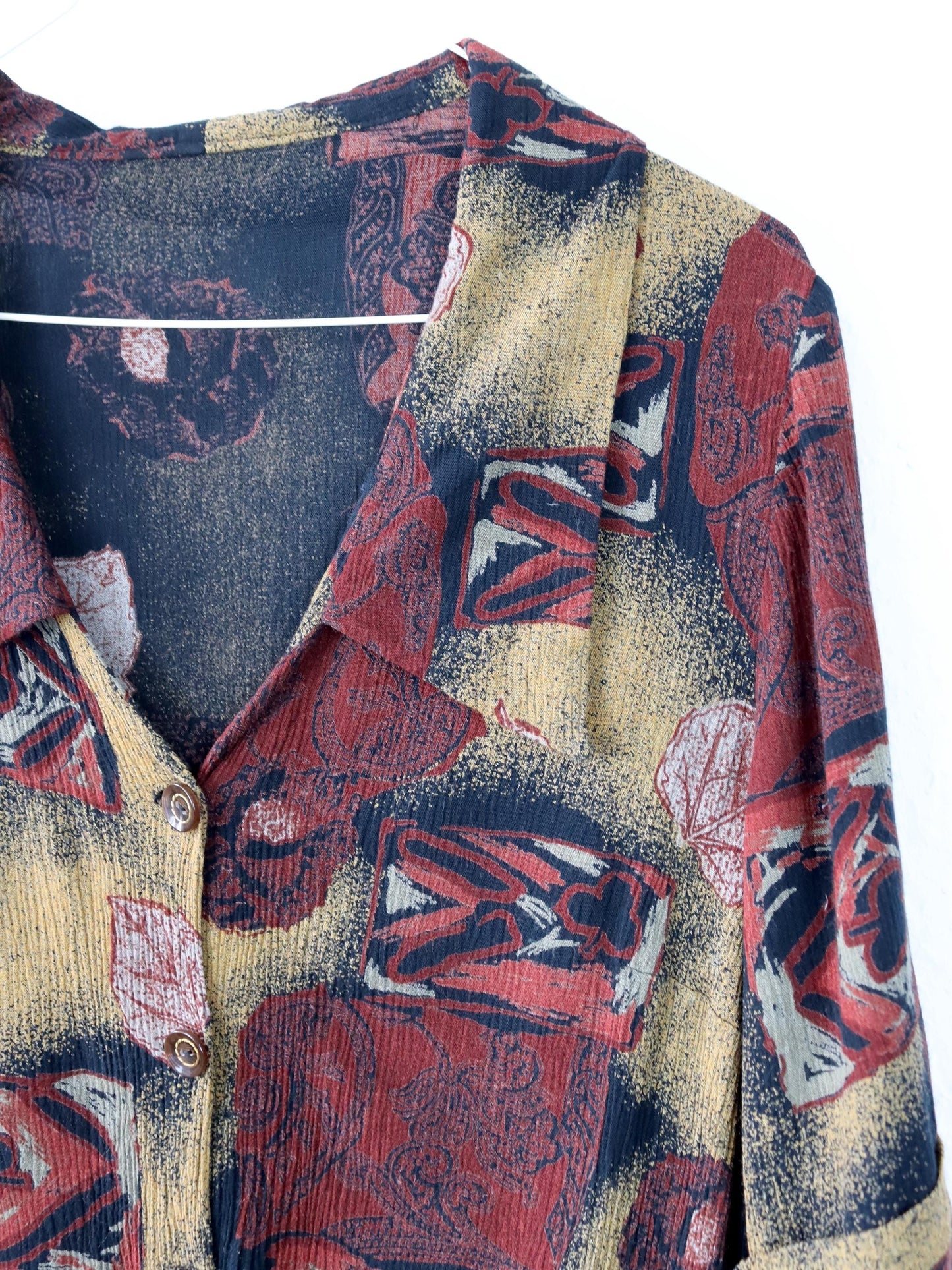Vintage 80s 90s blouse short sleeve crazy pattern dark red beige M