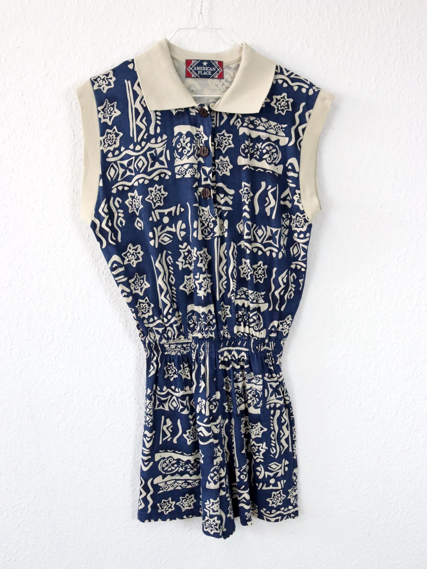 Vintage 80er 90er AMERICAN PLACE Einteiler Jumpsuit ärmellos crazy pattern weiß blau M