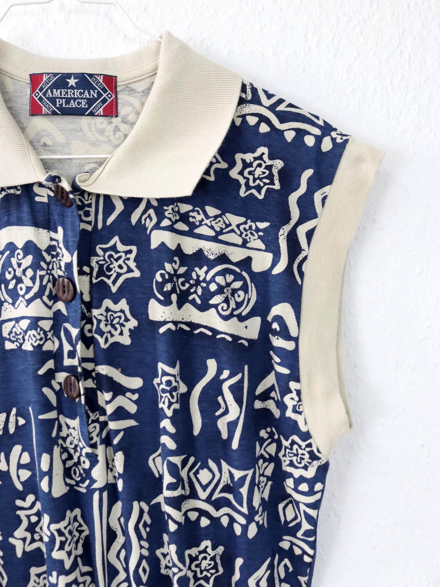 Vintage 80er 90er AMERICAN PLACE Einteiler Jumpsuit ärmellos crazy pattern weiß blau M
