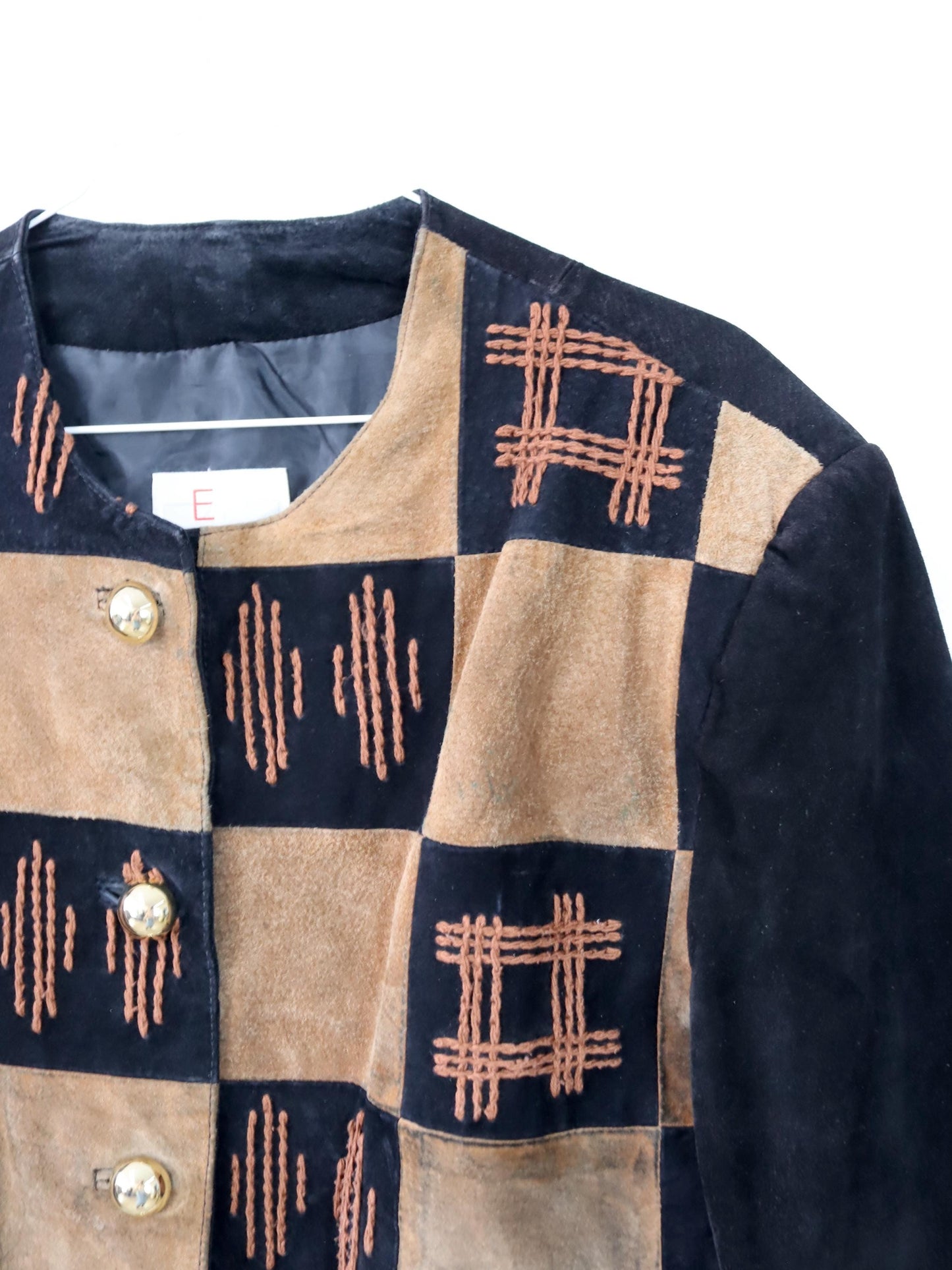 Vintage 80s 90s EURO MODE suede jacket leather embroidery brown black gold 38