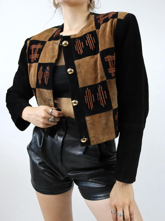 Vintage 80er 90er EURO MODE Wildlederjacke Jacke Leder Stickerei braun schwarz gold 38