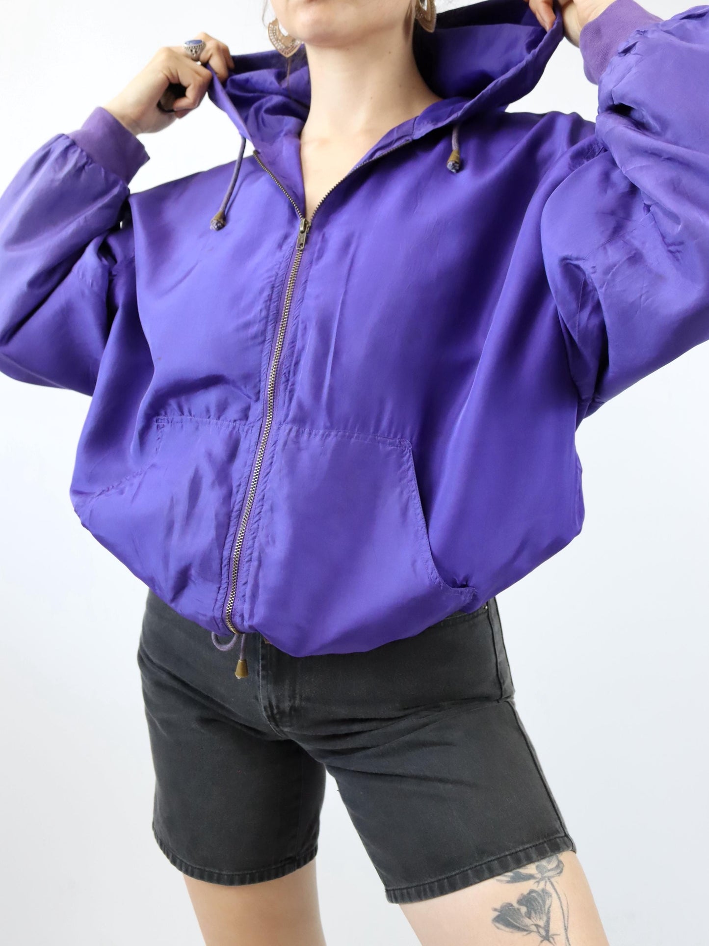 Vintage 80s 90s OTELLO PELLE silk jacket jacket silk purple hood M