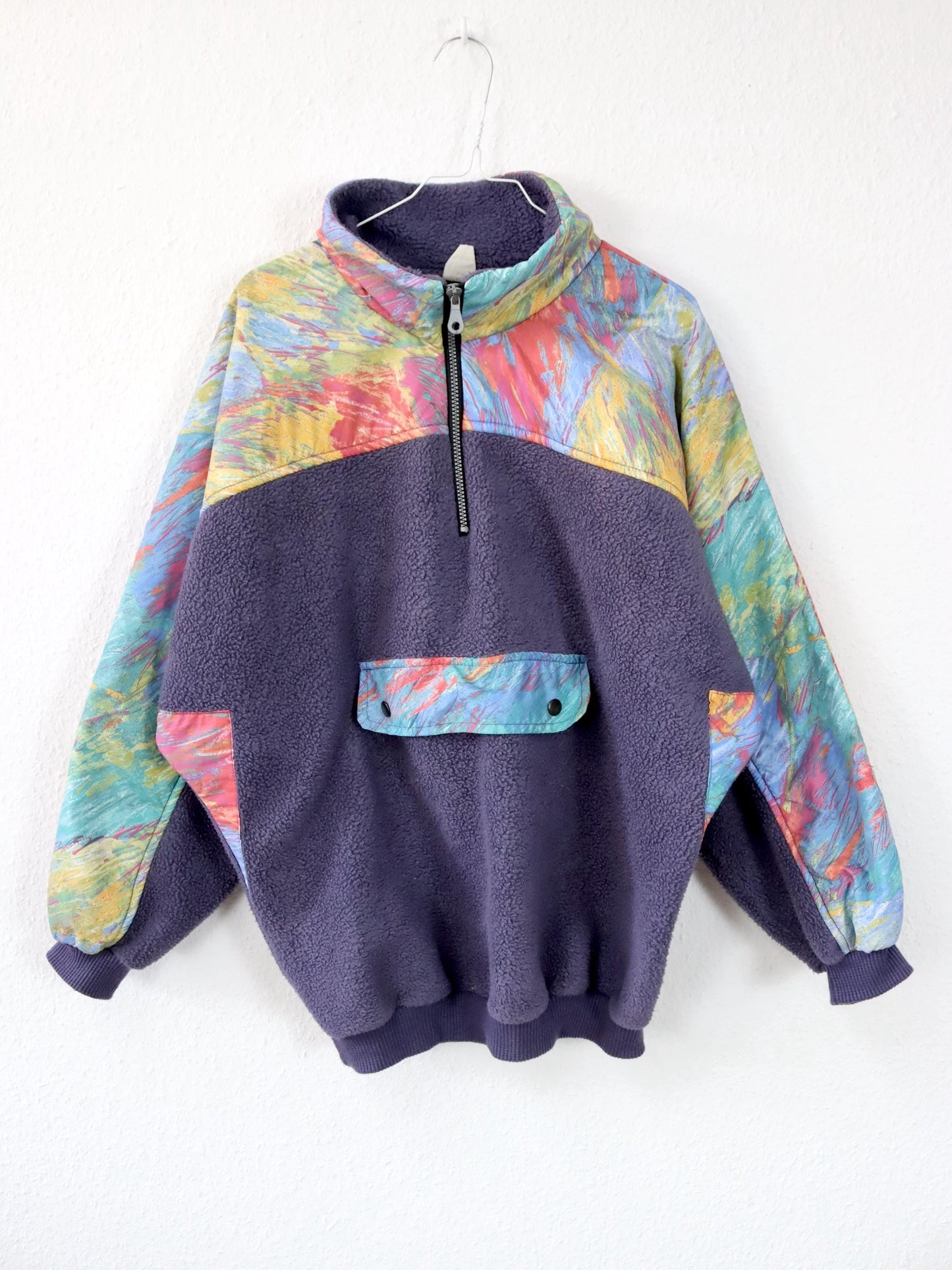 Vintage 80er 90er Fleecepullover Stehkragen crazy pattern bunt Lila M/L